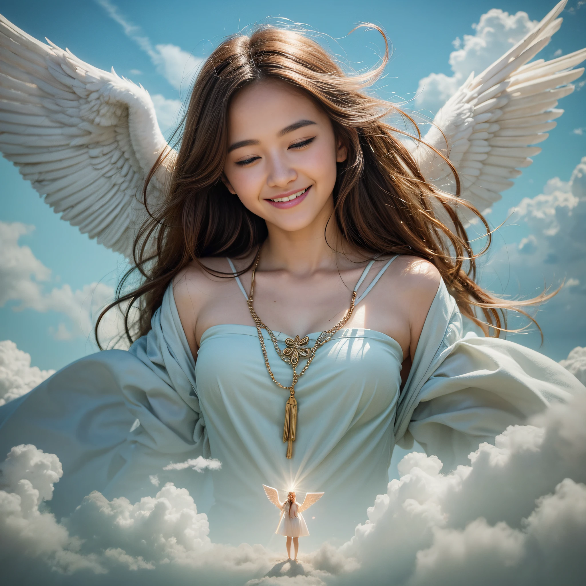 Angel smiling as prayer in a fantastic sea of clouds