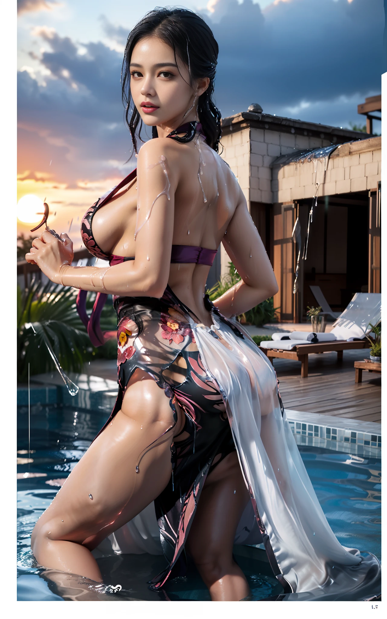 Huge breasts. Transparent gauze, boa hancock (one piece), realism, painting, (best quality, 4k, Masterpiece: 1.4), Beautiful Woman, Surreal, 1 Girl, ((Looking Back at the Sunset)), (Sagging Breasts, Attractive Body: 1.6), Sit-ups: 1.1, Long Black Hair: 1.8, (Wet Rain, Rain Wet: 1.7), Ultra-detailed face, detailed lips, detailed eyes, double eyelids, sexy low-necked dress, open neckline, hanging breasts, side pose, visible curves, pool party, poolside, red transparent robe, muscle-turning legs