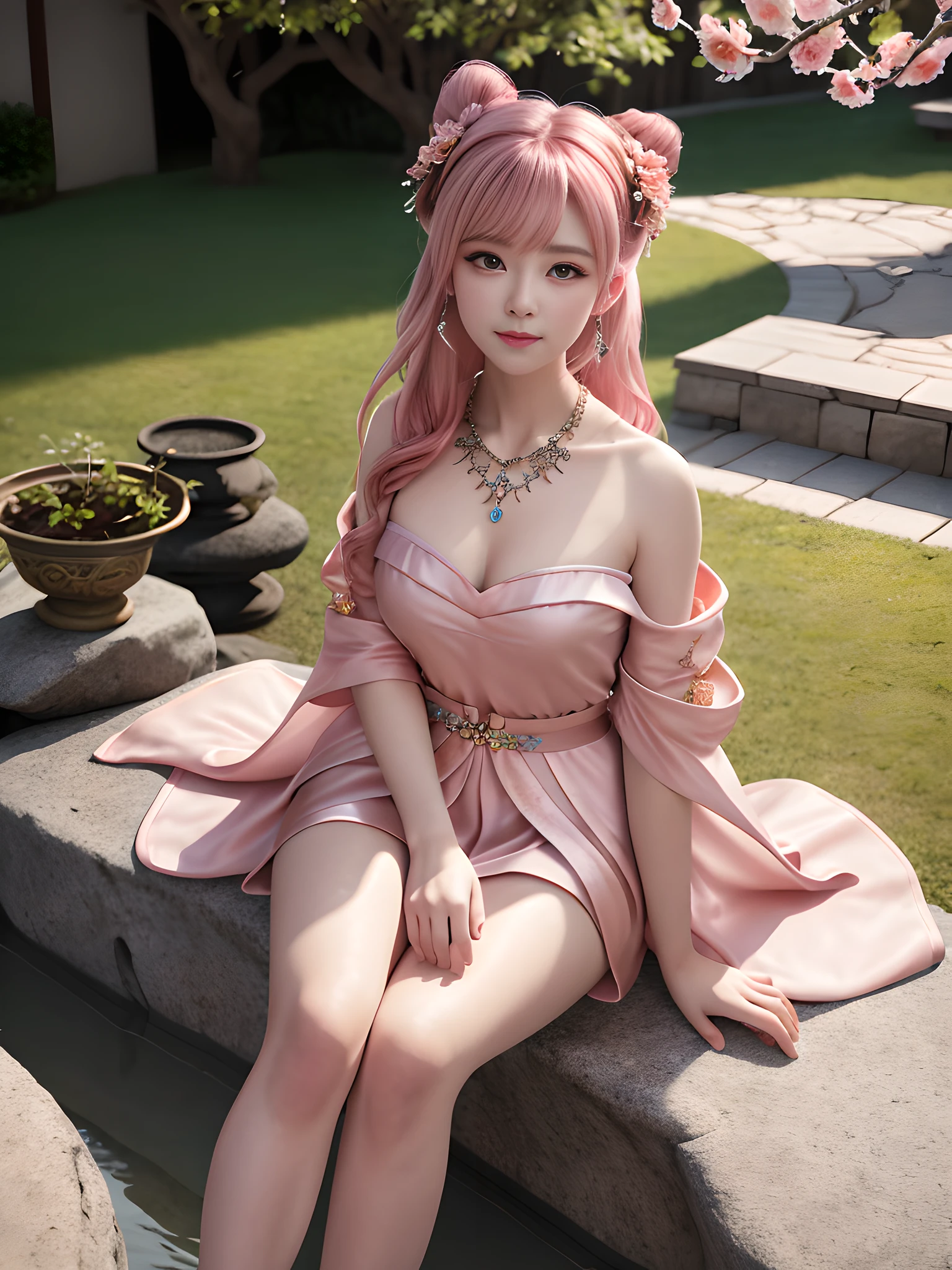 Best Quality, Masterpiece, High Resolution, 4K, 8K, Realistic, Real, 1Girl, Solo, Mature Girl, Fairy, Detailed Hanfu, Black Dress, Bandeau, Leaky Shoulders, Bare Legs, Medium, Erlang Legs, Sitting on Stone, Facing the Audience, Exuding Charm, Pink Hair, Hair Accessories, Necklace, Jewelry, Beautiful Face, Big Eyes, Blush, Star Pupils, Body Bustper, Outdoor, Courtyard, Full of Peach Blossoms, Edge Lighting, Two-tone Lighting, (High Detail Skin: 1.2), 8K UHD, DSLR, Soft Light, High Quality, Volumetric Light, Voyeur, Photo, Bokeh