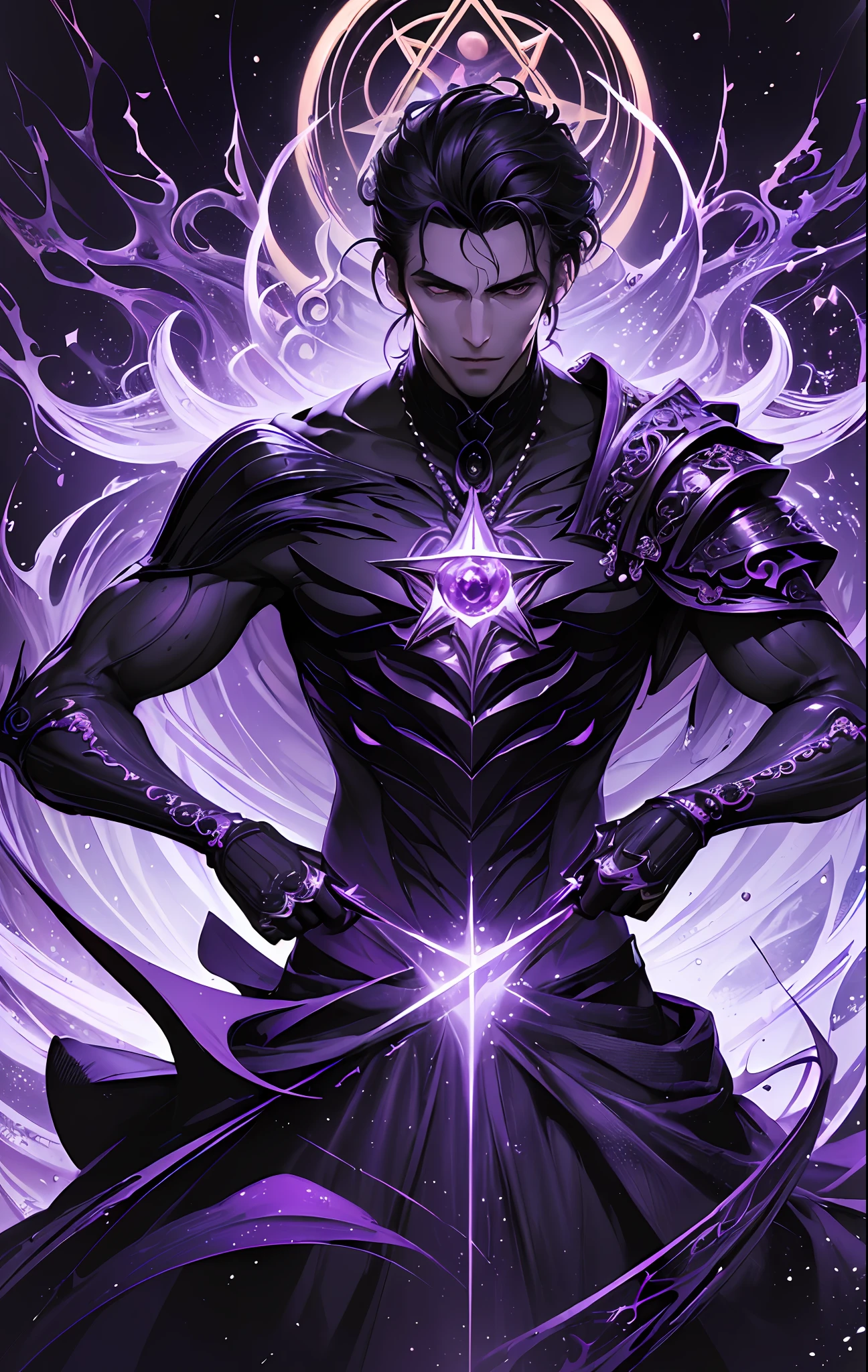 (masterpiece, best quality:1.4),(absurdres, highres, ultra detailed:1.2), (1 handsome man:1.4),(using dark magic:1.4),purple magic,playful illustrations, imaginative overlays, artistic fusion,fantastical scenes, evocative narratives, striking visuals, upper body