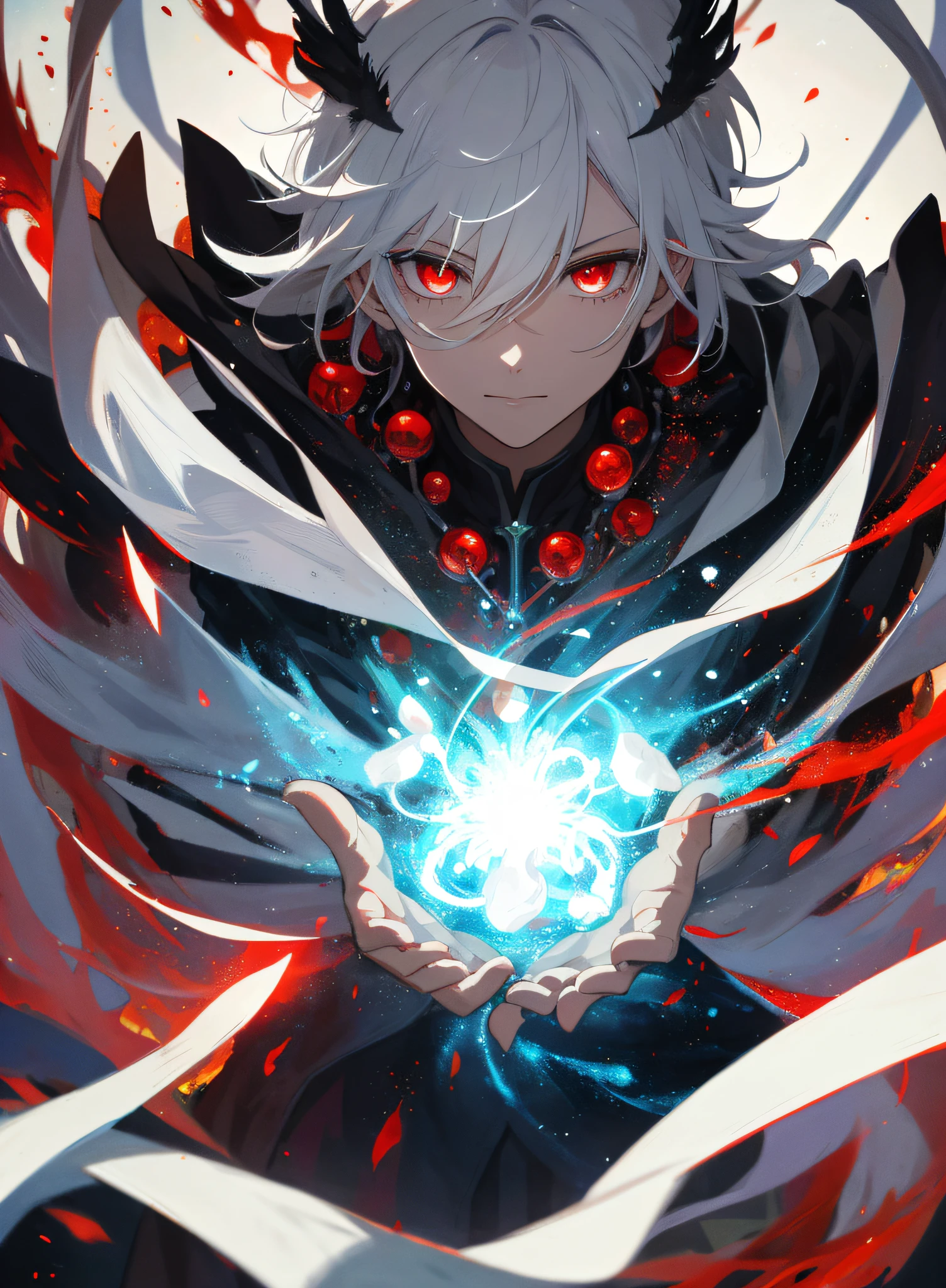 a painting that represents the essence of magic in your world, showing the white-haired, red-eyed protagonist with a mystical black mark on his neck immersed in a cascade of magical energy, with glowing particles dancing around him and arcane symbols forming in the air, masterpiece, best quality, ultra-detailed, illustration, 8k resolution concept art, fantasy art, epic art, concept art wallpaper 4k, deep color, natural lighting