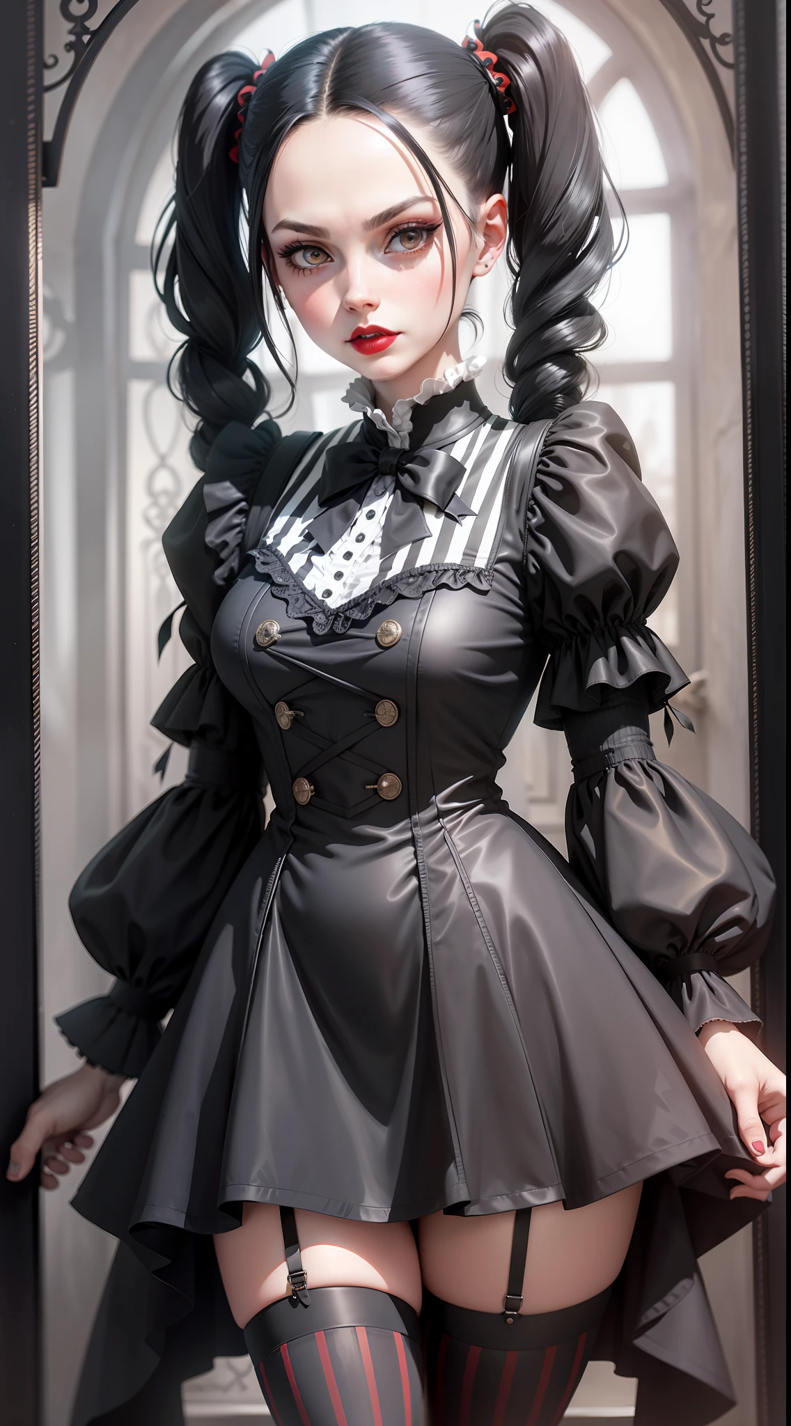 Adult 30 years old Wednesday Addams, full-length, short steampunk dress, clothes in black and white, striped knee socks, two pigtails, bright red lipstick on the lips, gothic mansion