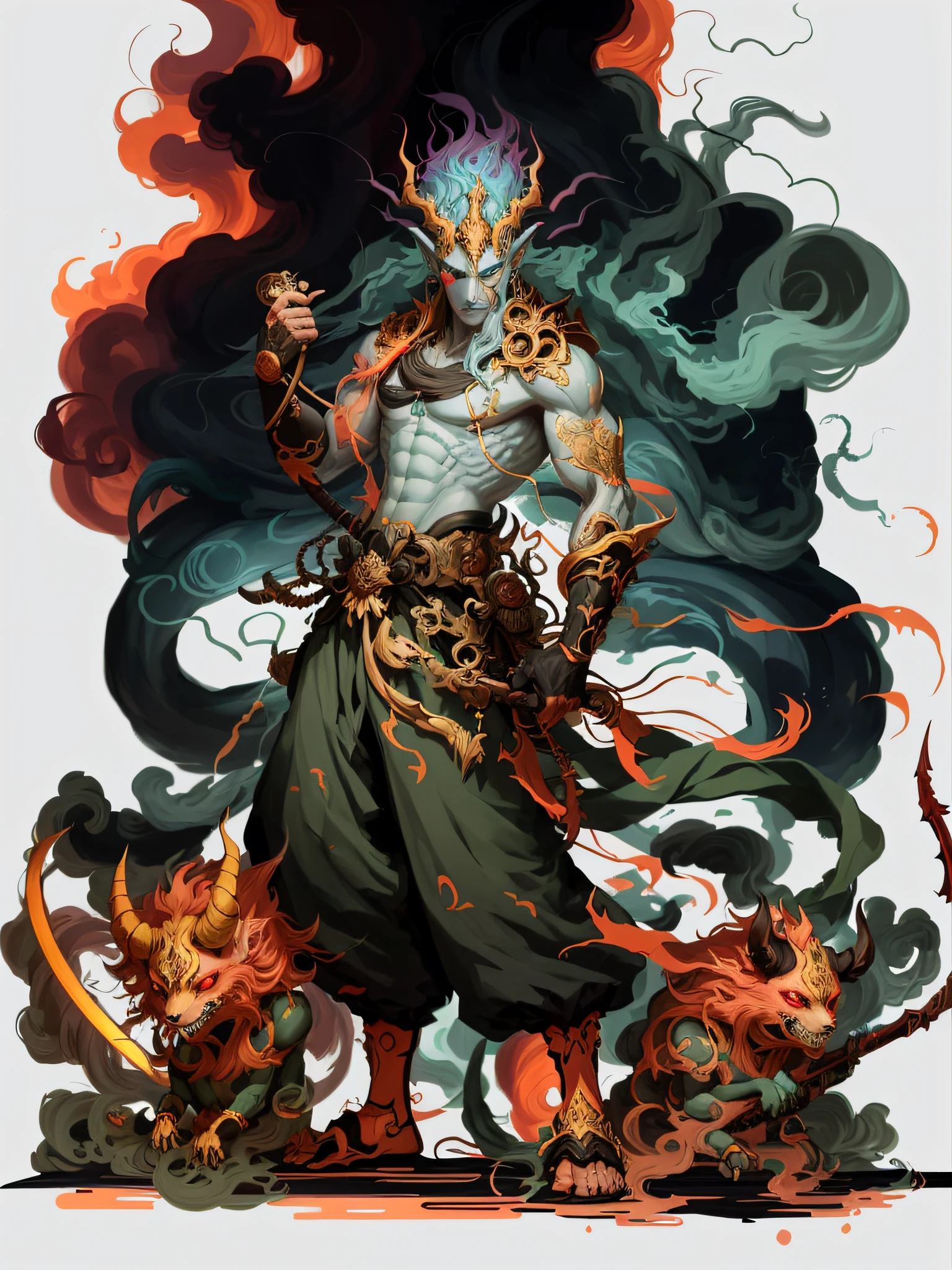 a drawing of a man with a sword and a demon, beautiful male god of death, mohrbacher, inspired by Shunkōsai Hokushū, in the art style of mohrbacher, asura from chinese myth, the god of chaos, inspired by Ryūkōsai Jokei, in style of peter mohrbacher