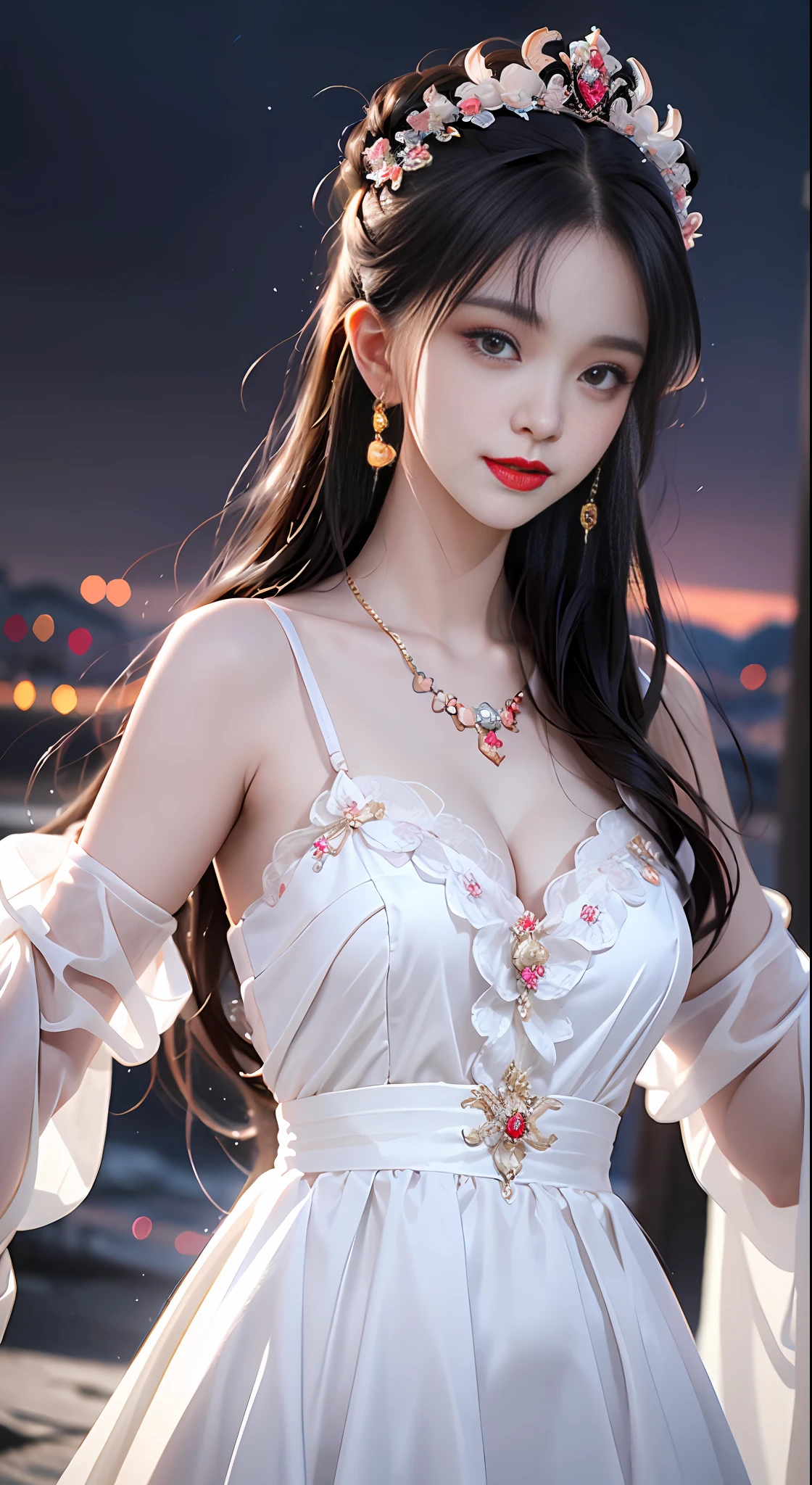 1 young empress wearing a red lace top, a deep-breasted nightgown, a Chinese-style dress, an ancient costume with many phoenix patterns, a spotless pinkish-white face, a crown on her head, and hip-length black hair , very beautiful and sharp brown eyes, small red lips, painted lips, charming smile, jewelry worn around the neck, earrings, white and even teeth, high nose, big round breasts, the girl's body is covered with water on chest, slim legs, thin mesh black socks, portrait, most realistic, highest quality, best pixels, 8k ultra ,