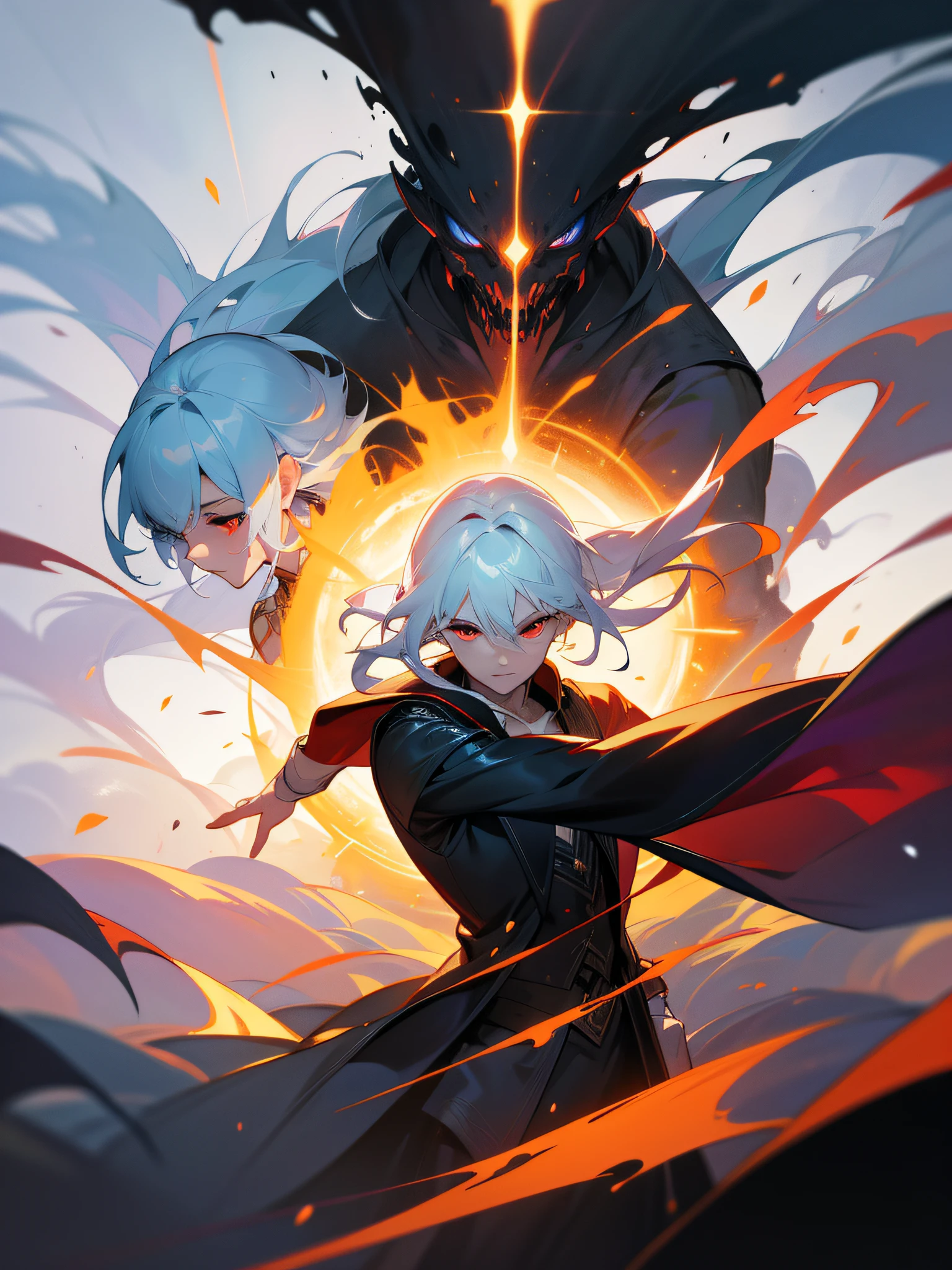 a painting that represents the essence of magic in your world, showing the white-haired, red-eyed protagonist with a mystical black mark on his neck immersed in a cascade of magical energy, with glowing particles dancing around him and arcane symbols forming in the air, masterpiece, best quality, ultra-detailed, illustration, 8k resolution concept art, fantasy art, epic art, concept art wallpaper 4k, deep color, natural lighting