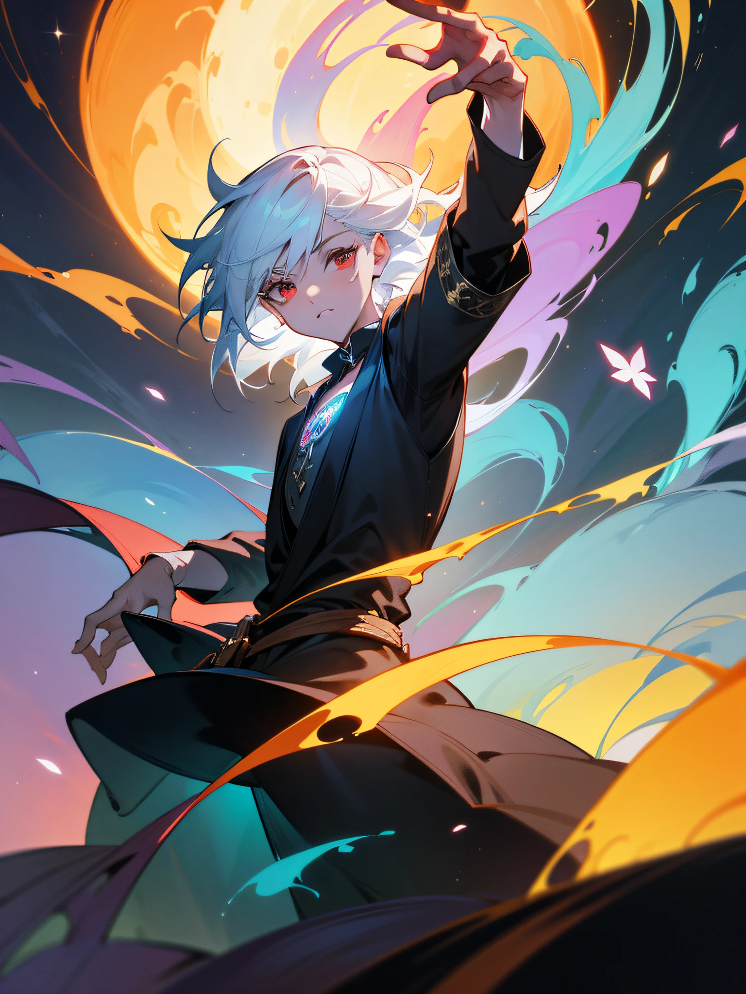 a painting that represents the essence of magic in your world, showing the white-haired, red-eyed protagonist with a mystical black mark on his neck immersed in a cascade of magical energy, with glowing particles dancing around him and arcane symbols forming in the air, masterpiece, best quality, ultra-detailed, illustration, 8k resolution concept art, fantasy art, epic art, concept art wallpaper 4k, deep color, natural lighting