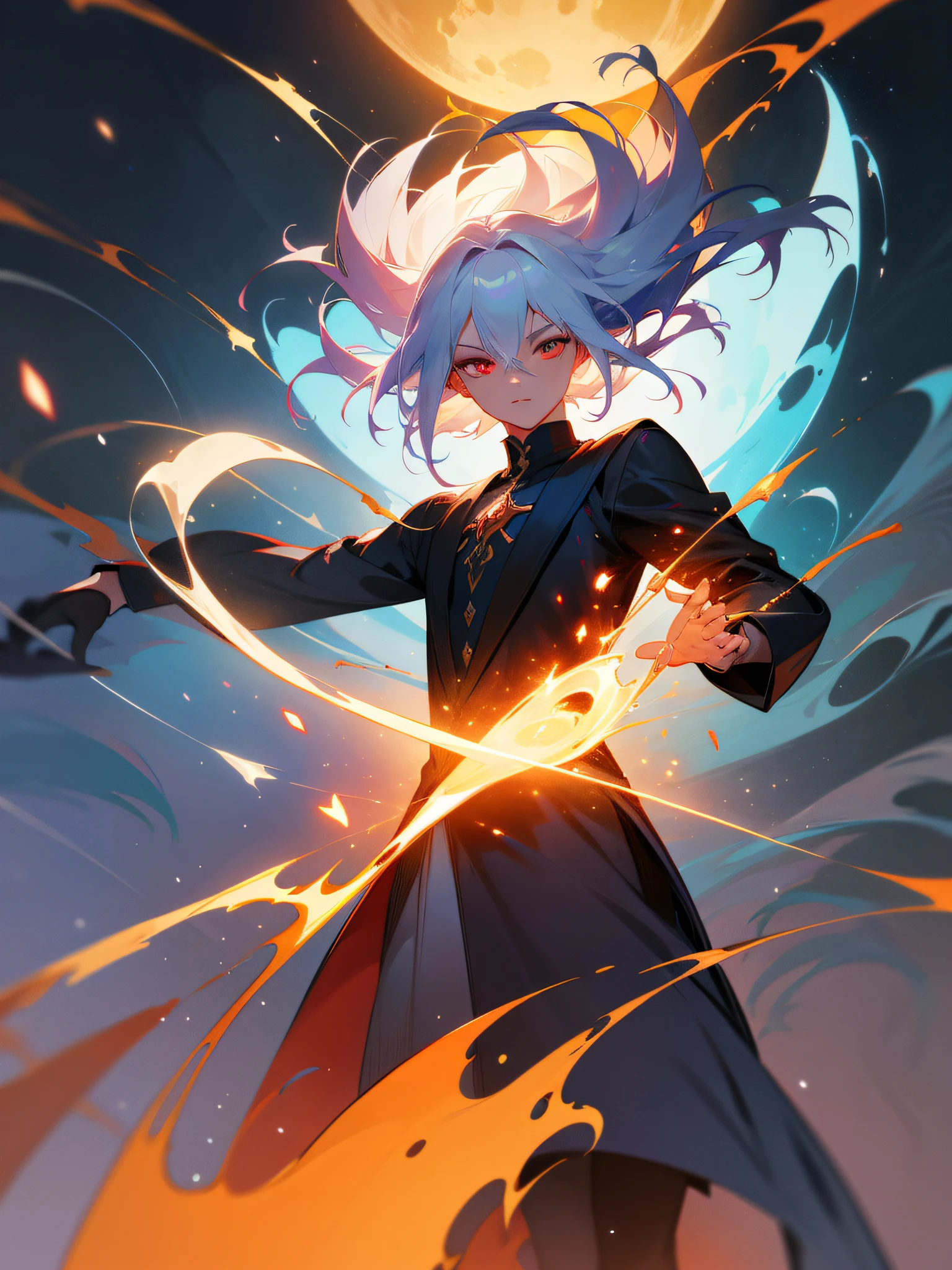 a painting that represents the essence of magic in your world, showing the white-haired, red-eyed protagonist with a mystical black mark on his neck immersed in a cascade of magical energy, with glowing particles dancing around him and arcane symbols forming in the air, masterpiece, best quality, ultra-detailed, illustration, 8k resolution concept art, fantasy art, epic art, concept art wallpaper 4k, deep color, natural lighting