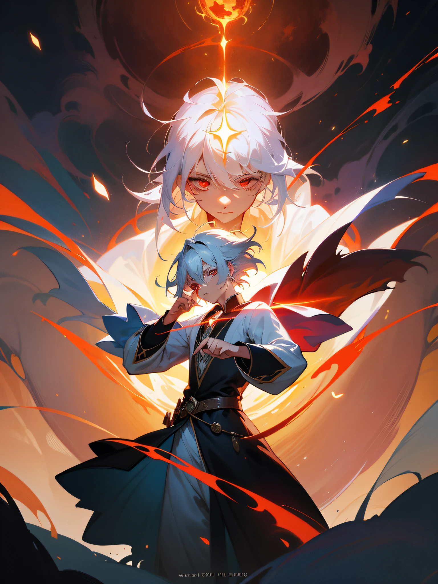 a painting that represents the essence of magic in your world, showing the white-haired, red-eyed protagonist with a mystical black mark on his neck immersed in a cascade of magical energy, with glowing particles dancing around him and arcane symbols forming in the air, masterpiece, best quality, ultra-detailed, illustration, 8k resolution concept art, fantasy art, epic art, concept art wallpaper 4k, deep color, natural lighting