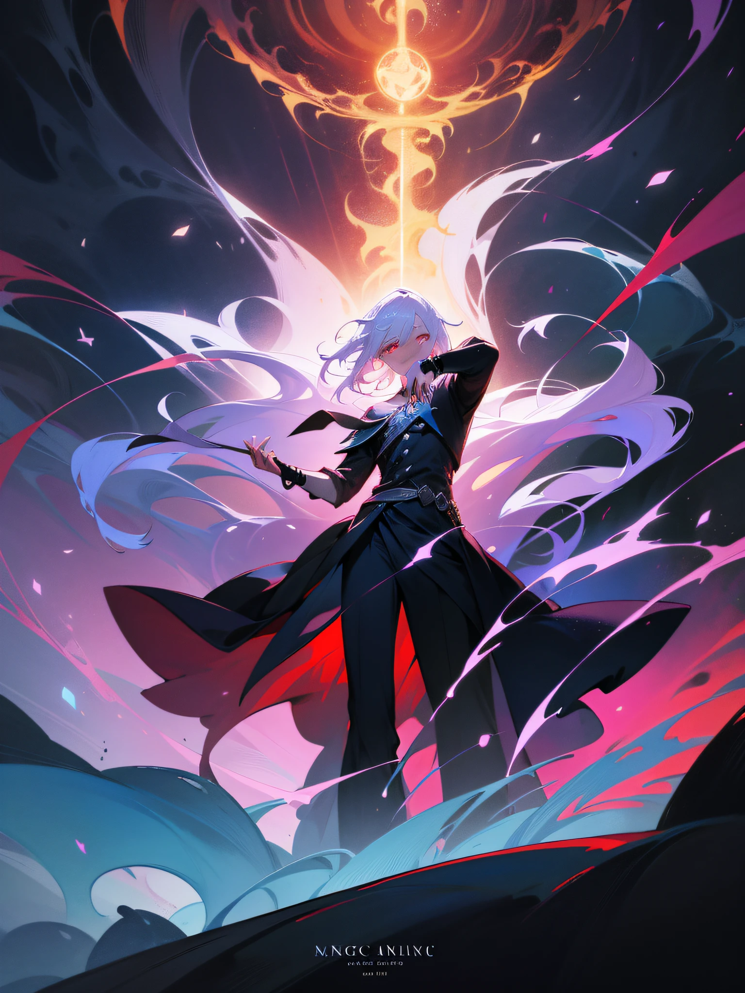 a painting that represents the essence of magic in your world, showing the white-haired, red-eyed protagonist with a mystical black mark on his neck immersed in a cascade of magical energy, with glowing particles dancing around him and arcane symbols forming in the air, masterpiece, best quality, ultra-detailed, illustration, 8k resolution concept art, fantasy art, epic art, concept art wallpaper 4k, deep color, natural lighting