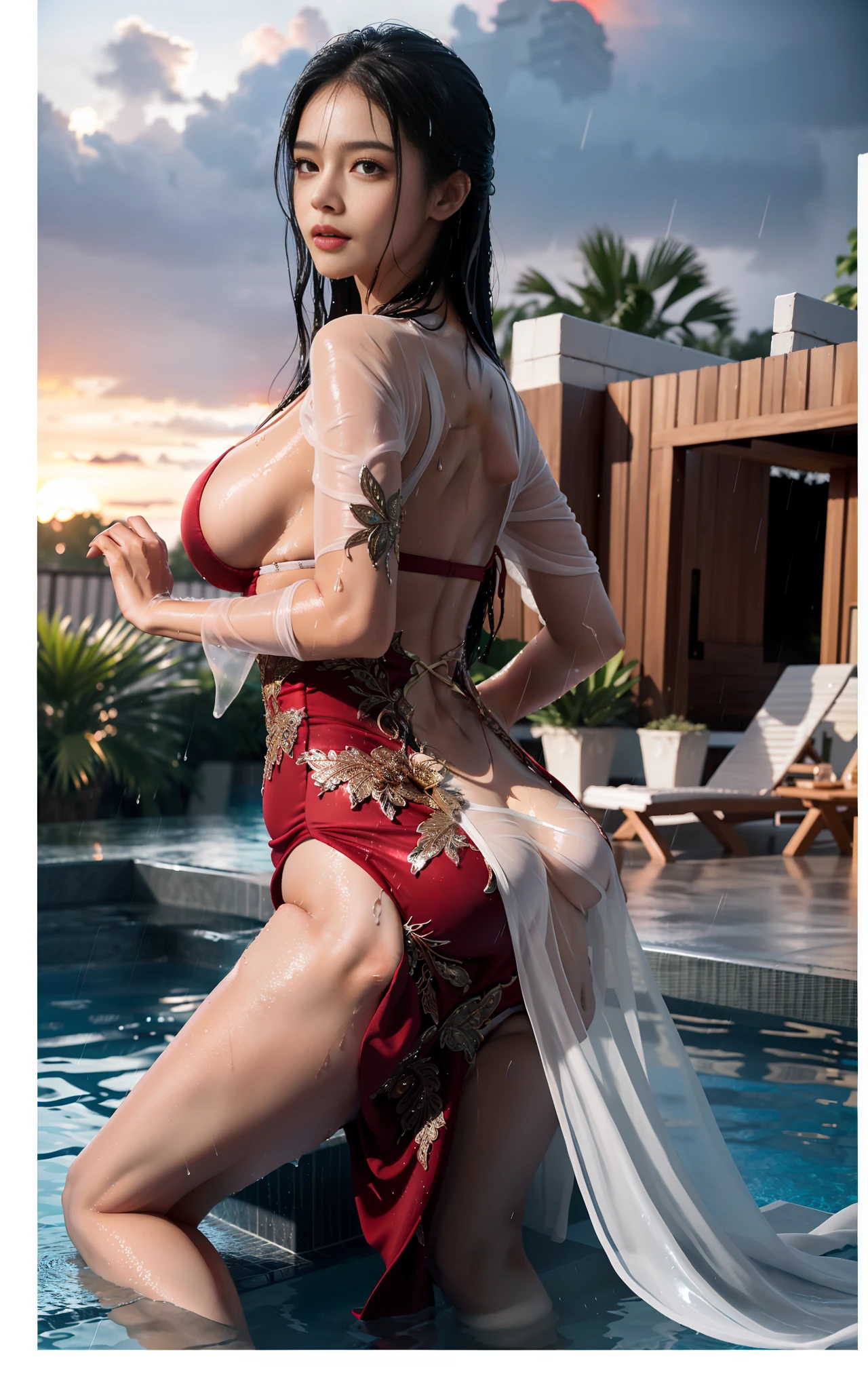Huge breasts. Transparent gauze, boa hancock (one piece), realism, painting, (best quality, 4k, Masterpiece: 1.4), Beautiful Woman, Surreal, 1 Girl, ((Looking Back at the Sunset)), (Sagging Breasts, Attractive Body: 1.6), Sit-ups: 1.1, Long Black Hair: 1.8, (Wet Rain, Rain Wet: 1.7), Ultra-detailed face, detailed lips, detailed eyes, double eyelids, sexy low-necked dress, open neckline, hanging breasts, side pose, visible curves, pool party, poolside, red transparent robe, muscle-turning legs