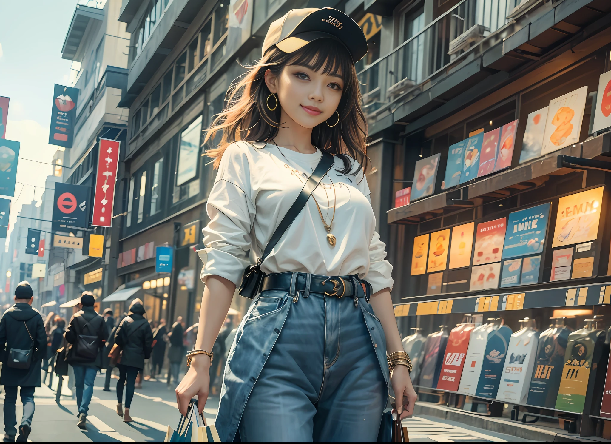 (Very fine CG Unity 8k wallpaper, masterpiece, highest quality) In the aisle of the premium shopping festival, she smiled and tried on stylish modern clothes, picked up her favorite color and style shopping bag, and enjoyed this shopping festival full of life and color.