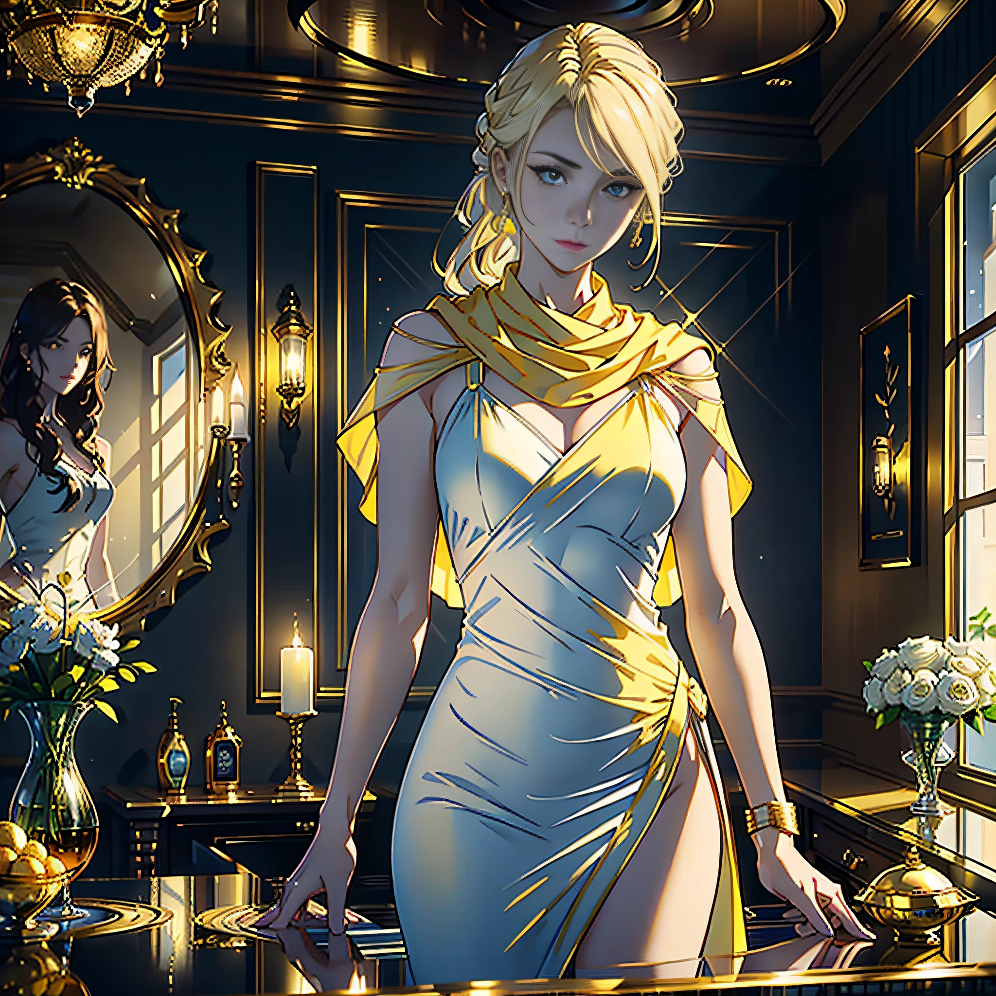 Masterpiece, Best Quality, 8K, Photographic Reality, Realistic, Octane Rendering, (Only One Woman Shown: 1.4) (Bathroom: 1.1) (1Girl: 1.3) (White Dress | Inlaid with Yellow Gold Rim), (Golden Hair Shawl), (Expression Seduction) (Upper Body Front Display)