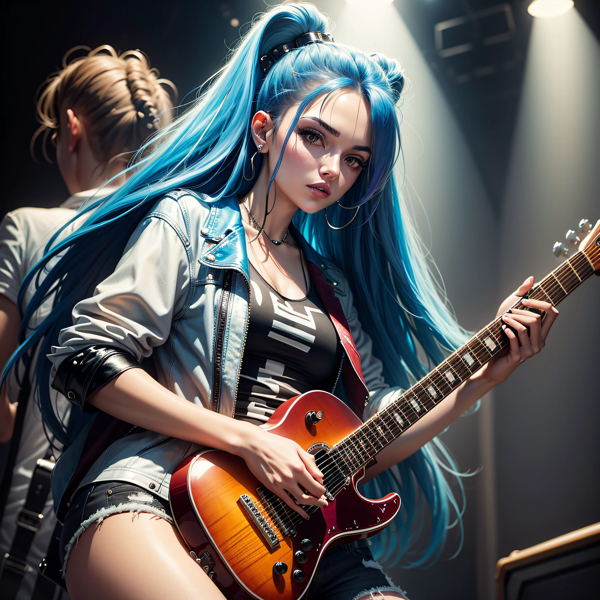 araffe woman with long hair playing guitar and posing for a photo, rocking it, dreamy rock girl, photo from a promotional session, guitarist, action glamor pose, rock star, girl plays guitar, punk-rocker, holding electric guitars , headbanging , holding an electric guitar, guitar solo, holding an electric guitar, holding an electric guitar, blue hair, brown eyes, ripped jeans, white t-shirt, leather jacket, side lighting, best quality, high resolution, portrait , 50 mm, Full Frame, 4k resolution