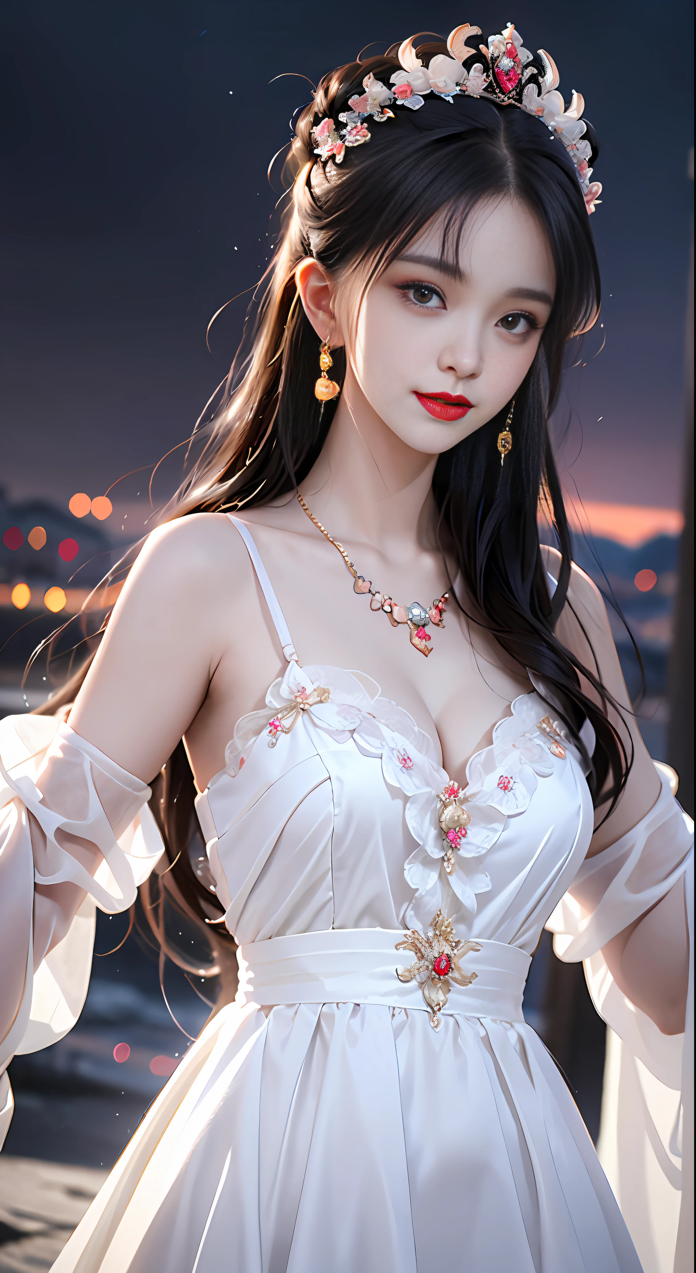 1 young empress wearing a red lace top, a deep-breasted nightgown, a Chinese-style dress, an ancient costume with many phoenix patterns, a spotless pinkish-white face, a crown on her head, and hip-length black hair , very beautiful and sharp brown eyes, small red lips, painted lips, charming smile, jewelry worn around the neck, earrings, white and even teeth, high nose, big round breasts, the girl's body is covered with water on chest, slim legs, thin mesh black socks, portrait, most realistic, highest quality, best pixels, 8k ultra ,