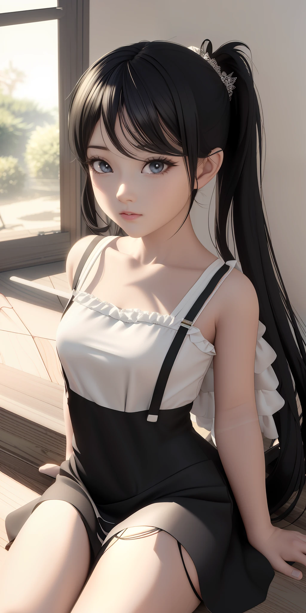 a close up of a woman sitting on a floor with a black and white dress, realistic young anime girl, seductive anime girl, anime girl in real life, beautiful anime girl, attractive anime girl, realistic anime 3 d style, beautiful alluring anime teen, guweiz, artwork in the style of guweiz, 3 d anime realistic, anime girl cosplay