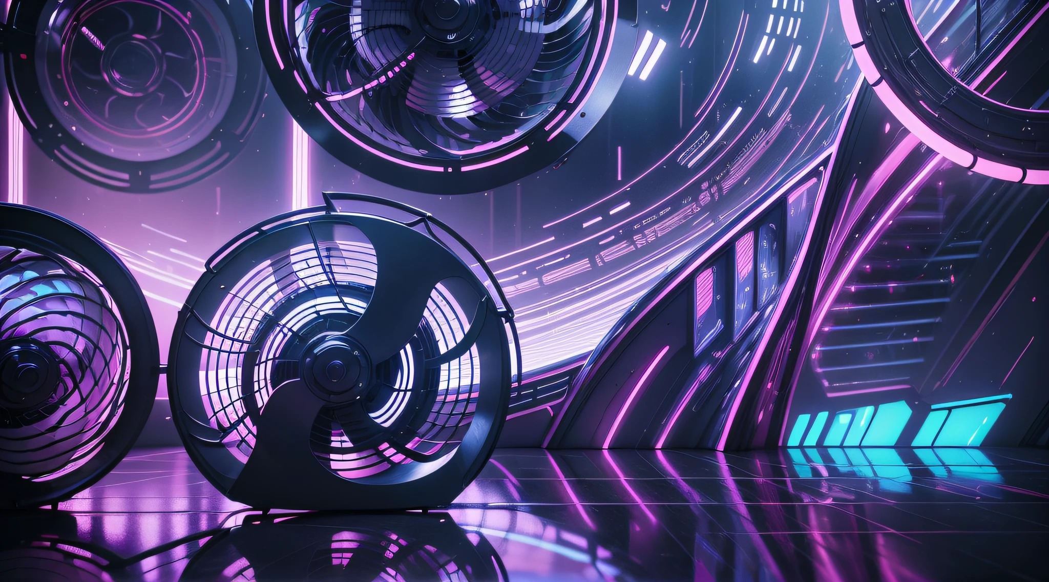 (best quality, masterpiece, high resolution), a fan in the foreground, futuristic ambience in the background, neon lights, flowing liquid metal, chrome reflections, motion effects, sharp shadows, [unknown meaning of the Latin word "fans" in the scenery]:0.7.