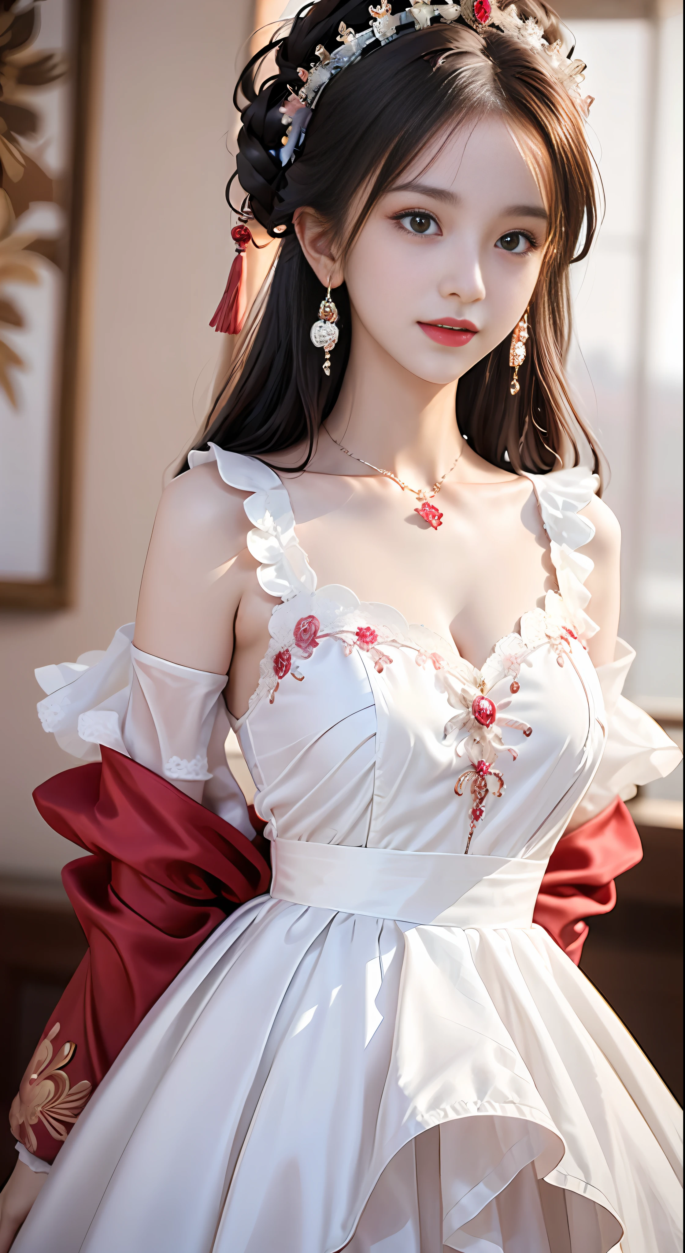 1 young empress wearing a red lace top, a deep-breasted nightgown, a Chinese-style dress, an ancient costume with many phoenix patterns, a spotless pinkish-white face, a crown on her head, and hip-length black hair , very beautiful and sharp brown eyes, small red lips, painted lips, charming smile, jewelry worn around the neck, earrings, white and even teeth, high nose, big round breasts, the girl's body is covered with water on chest, slim legs, thin mesh black socks, portrait, most realistic, highest quality, best pixels, 8k ultra ,
