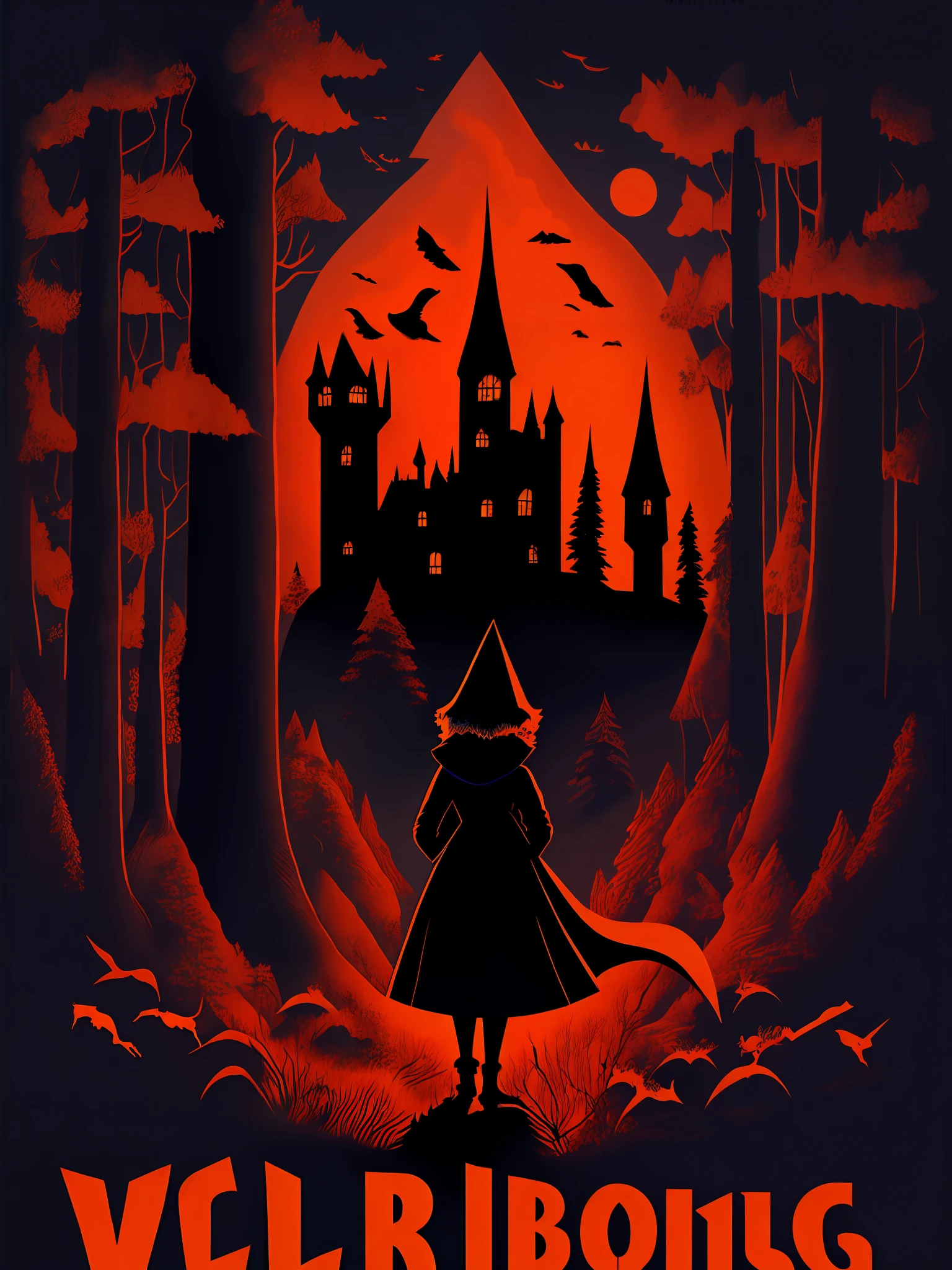 1950s  film poster,wolf, red riding hood,witch,forest,mystery, simple vector, ,dark shadow base,dark environment,castle，wolf, as the central character.