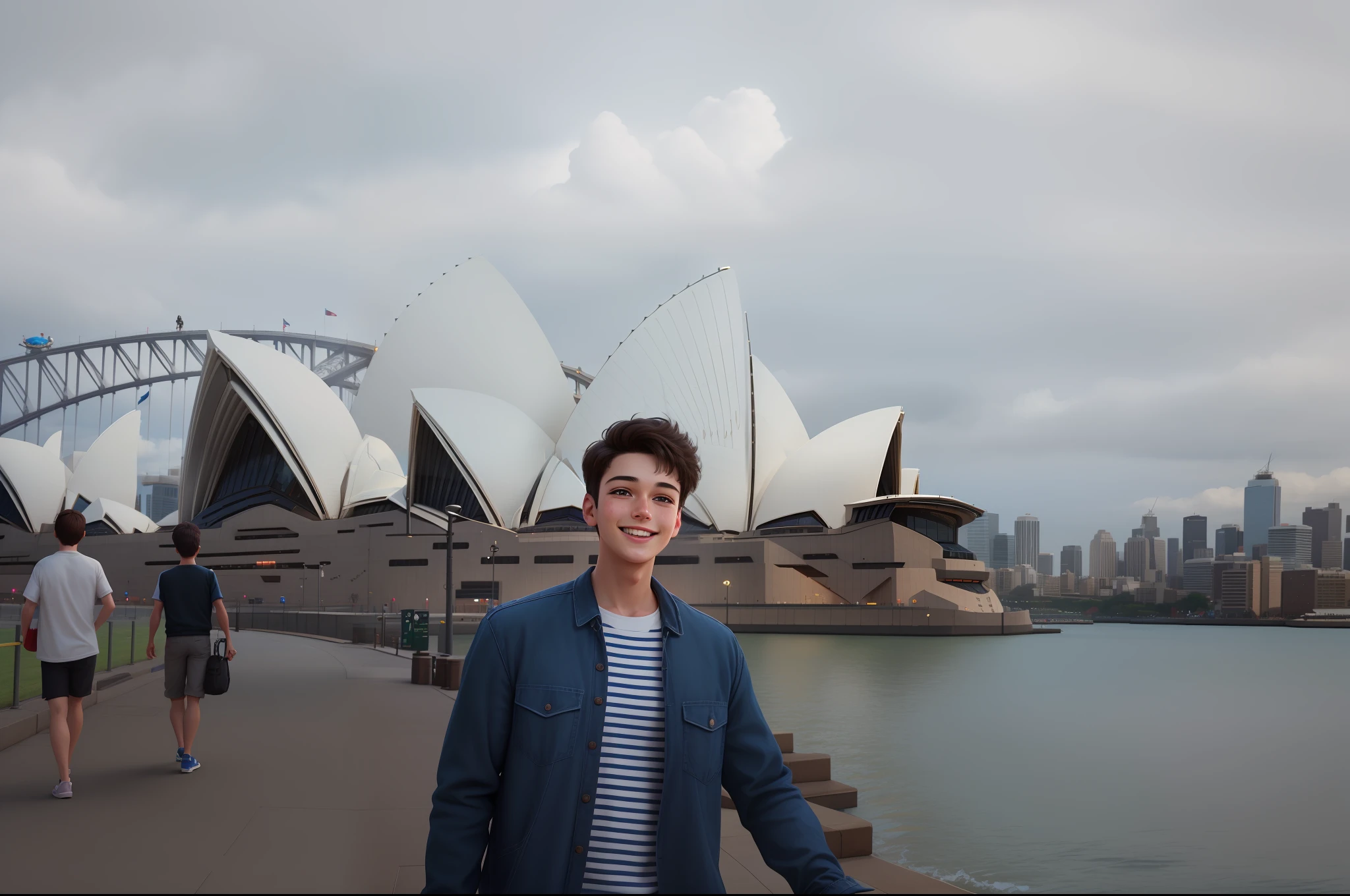 A happy boy, close-up of facial statue, cute digital painting, cute 3d rendering, cute detailed digital art, pixar art style, cute digital art, 3D render stylized, brunette boy, pixar rendering, pixar style art, pixar art style, stylized 3d, add face details, blue sky and white clouds, sydney opera house, remove passers-by, bright colors, high quality, 4K, cinematic feel