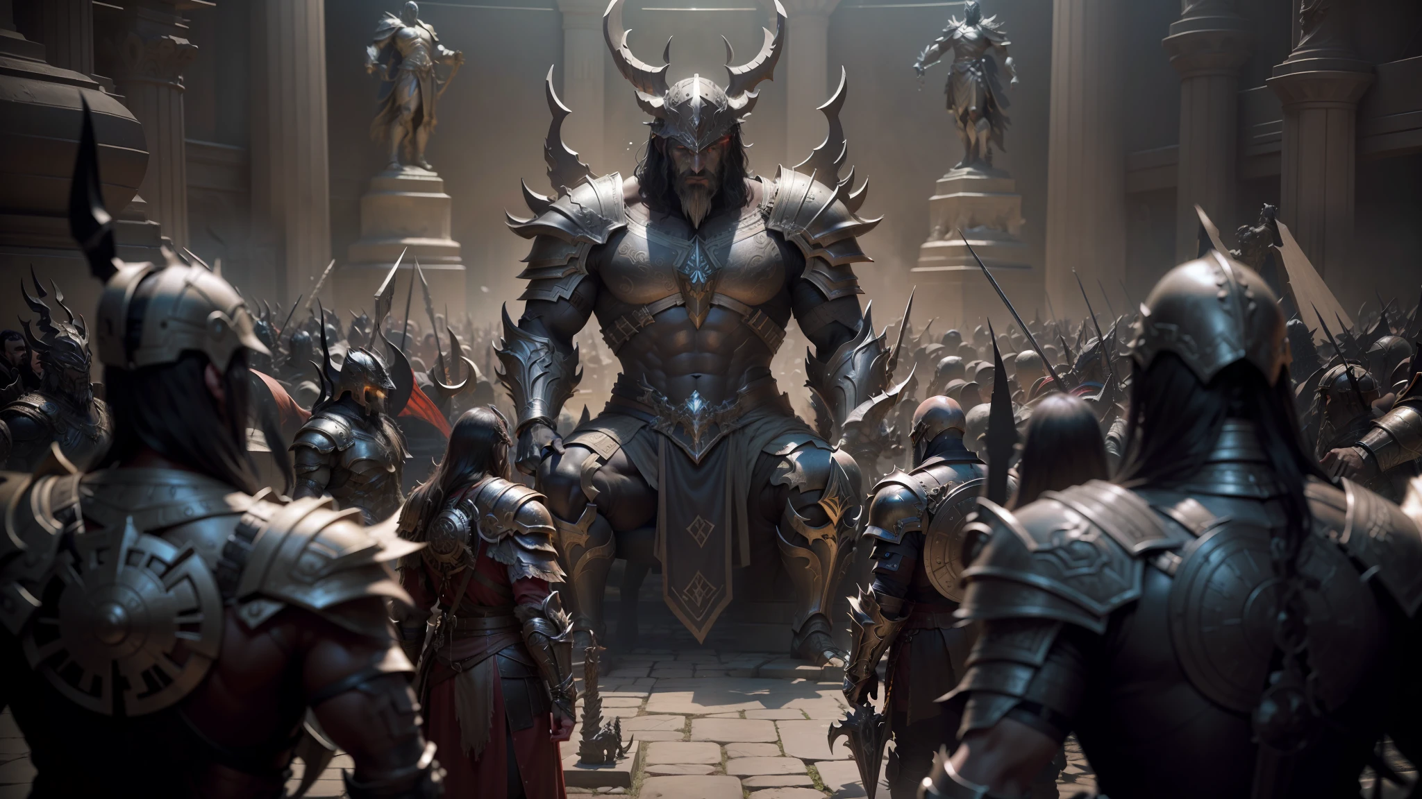 a close up of a group of people in armor with a large statue, in screenshot from the 300 movie, infinity blade concept art, unreal engine fantasy art, 2. 5 d cgi anime fantasy artwork, grim dark orientalism, film still from god of war, archaon the everchosen, weta workshop concept art, craig mullins nekro, unreal - engine --auto --s2