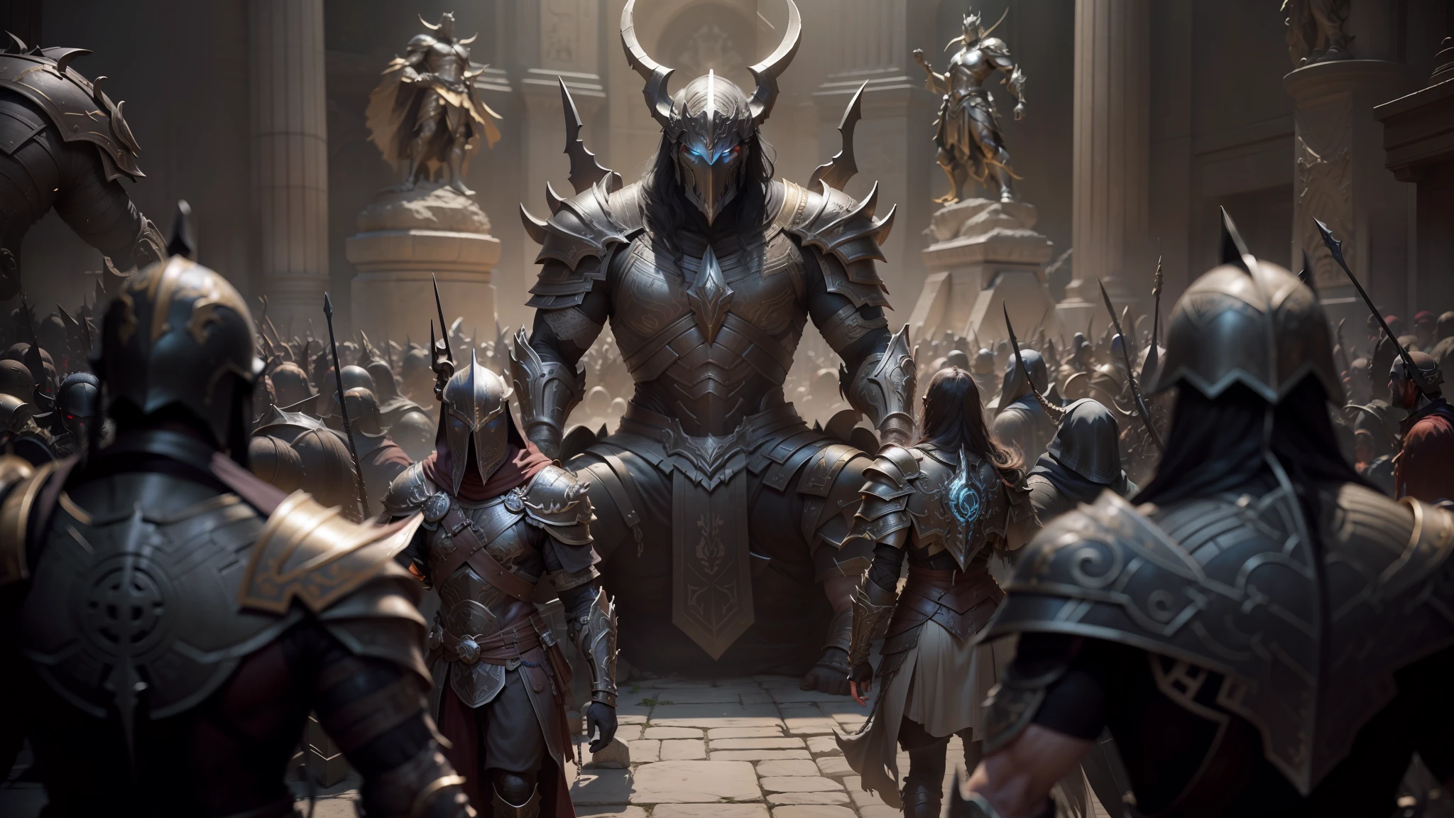 a close up of a group of people in armor with a large statue, in screenshot from the 300 movie, infinity blade concept art, unreal engine fantasy art, 2. 5 d cgi anime fantasy artwork, grim dark orientalism, film still from god of war, archaon the everchosen, weta workshop concept art, craig mullins nekro, unreal - engine --auto --s2