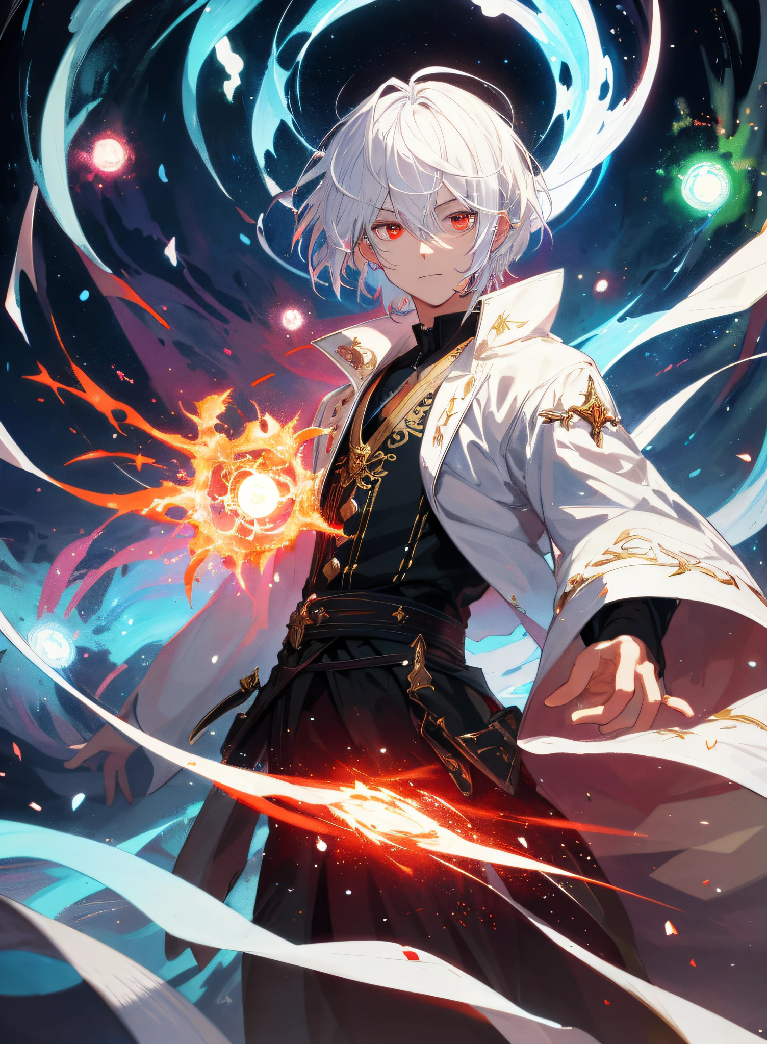 a painting that represents the essence of magic in your world, showing the white-haired, red-eyed protagonist with a mystical black mark on his neck immersed in a cascade of magical energy, with glowing particles dancing around him and arcane symbols forming in the air, masterpiece, best quality, ultra-detailed, illustration, 8k resolution concept art, fantasy art, epic art, concept art wallpaper 4k, deep color, natural lighting