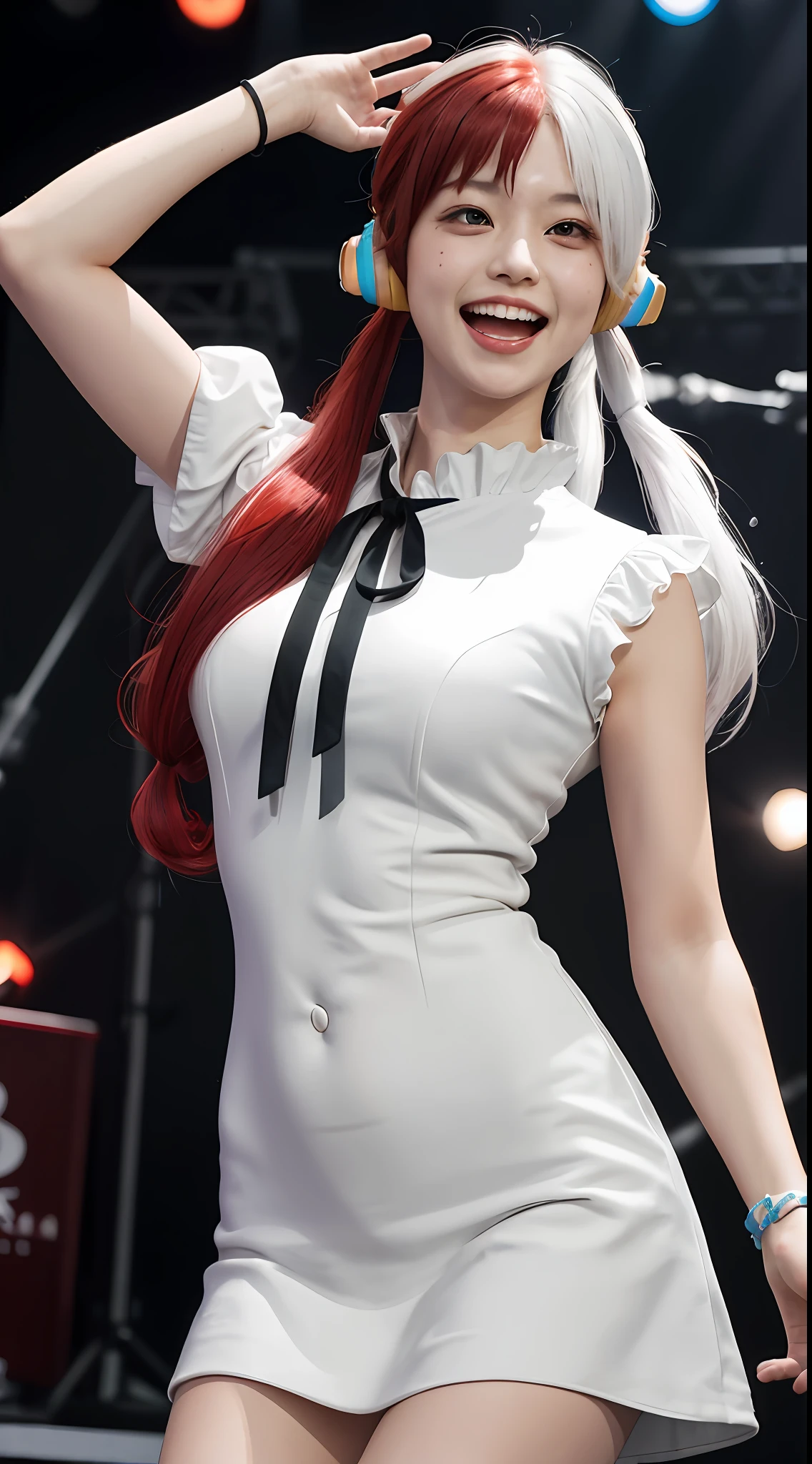 ((masterpiece:1.4, best quality)), ((masterpiece, best quality)), (photo realistic:1.4), 1girl, medium breasts, Japanese girl, big black eyes, cute, young, split-color hair, hair over one eye, red hair, multicolored hair, long hair, (two-tone hair:1.2), hair rings, headphones, (white hair:1.2), bangs, very long hair, medium breasts, white dress, black ribbon, laughing standing, dancing, fun, singing, stage, cowboy shot, professional lighting, physically-based rendering