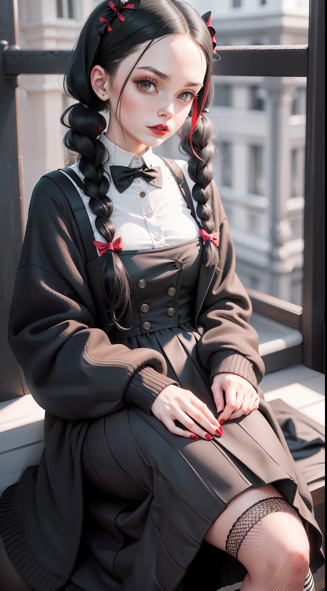 Adult 30 years old Wednesday Addams, full-length, long knee-length sweater, black and white clothes, striped knee socks, two pigtails, bright red lipstick on her lips, gothic mansion