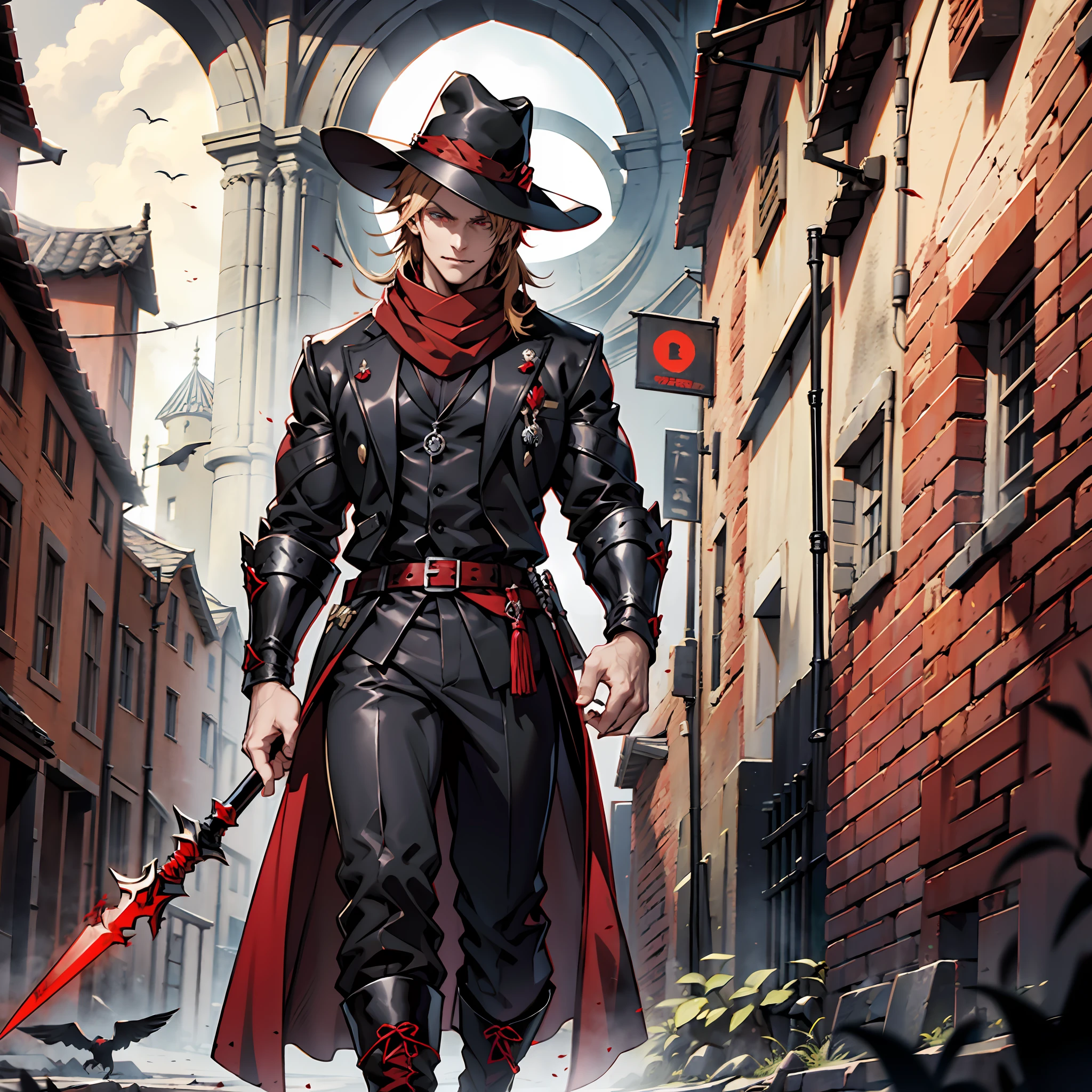 Elegant man, strong physique, scarlet red robe, black colored social pants, black colored social blouse, red boots, messy light blonde hair, evil look, hair up to neck height, dark red colored eyes, noble appearance, holding a spear of blood, ancient village, night, medieval setting, mouth fangs, shadowy creatures nearby,  Red scarf, gorgeous man, black crow hat, black fedora hat.
