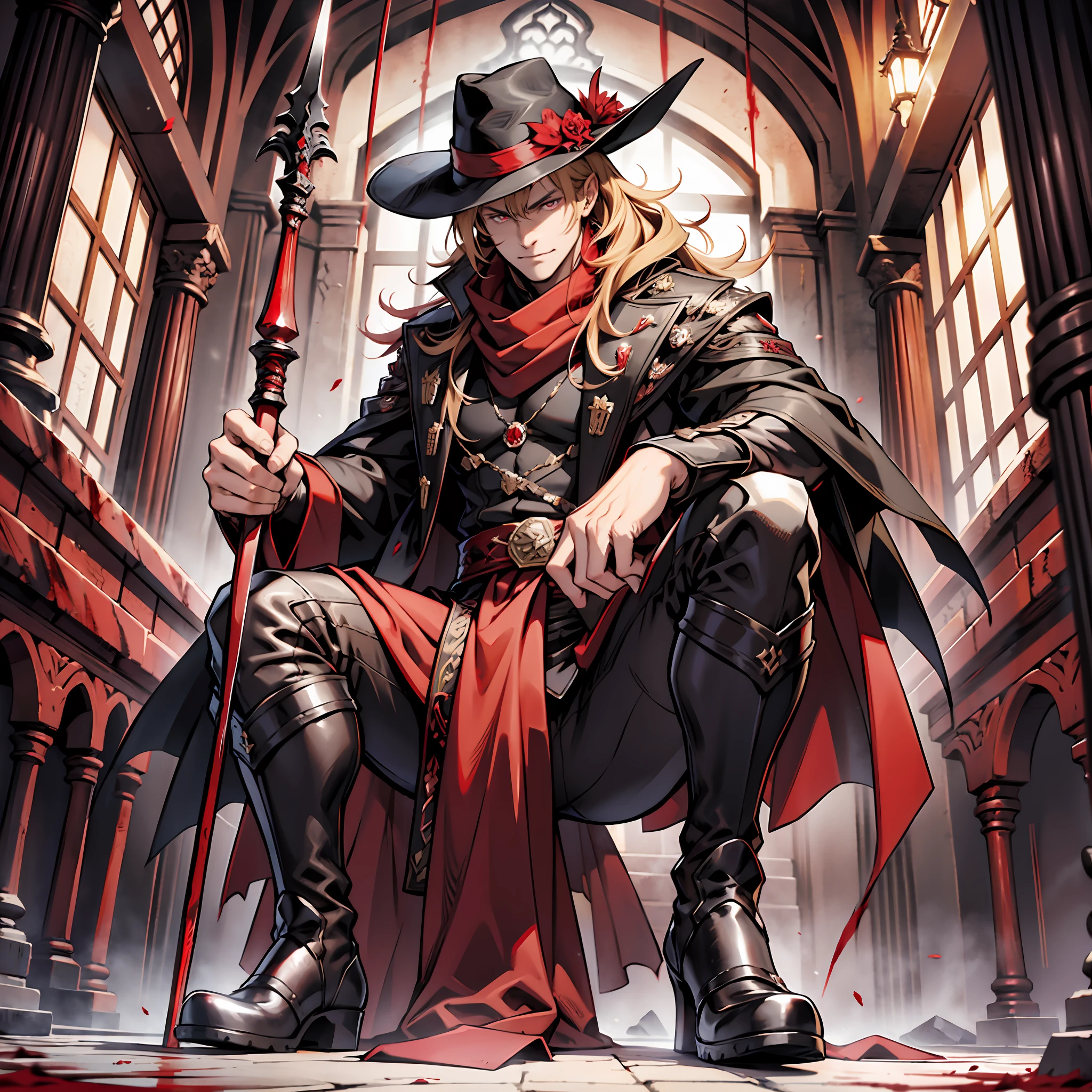 Elegant man, strong physique, scarlet red robe, black colored social pants, black colored social blouse, red boots, messy light blonde hair, evil look, hair up to neck height, dark red colored eyes, noble appearance, holding a spear of blood, ancient village, night, medieval setting, mouth fangs, shadowy creatures nearby,  Red scarf, gorgeous man, black crow hat, black fedora hat.