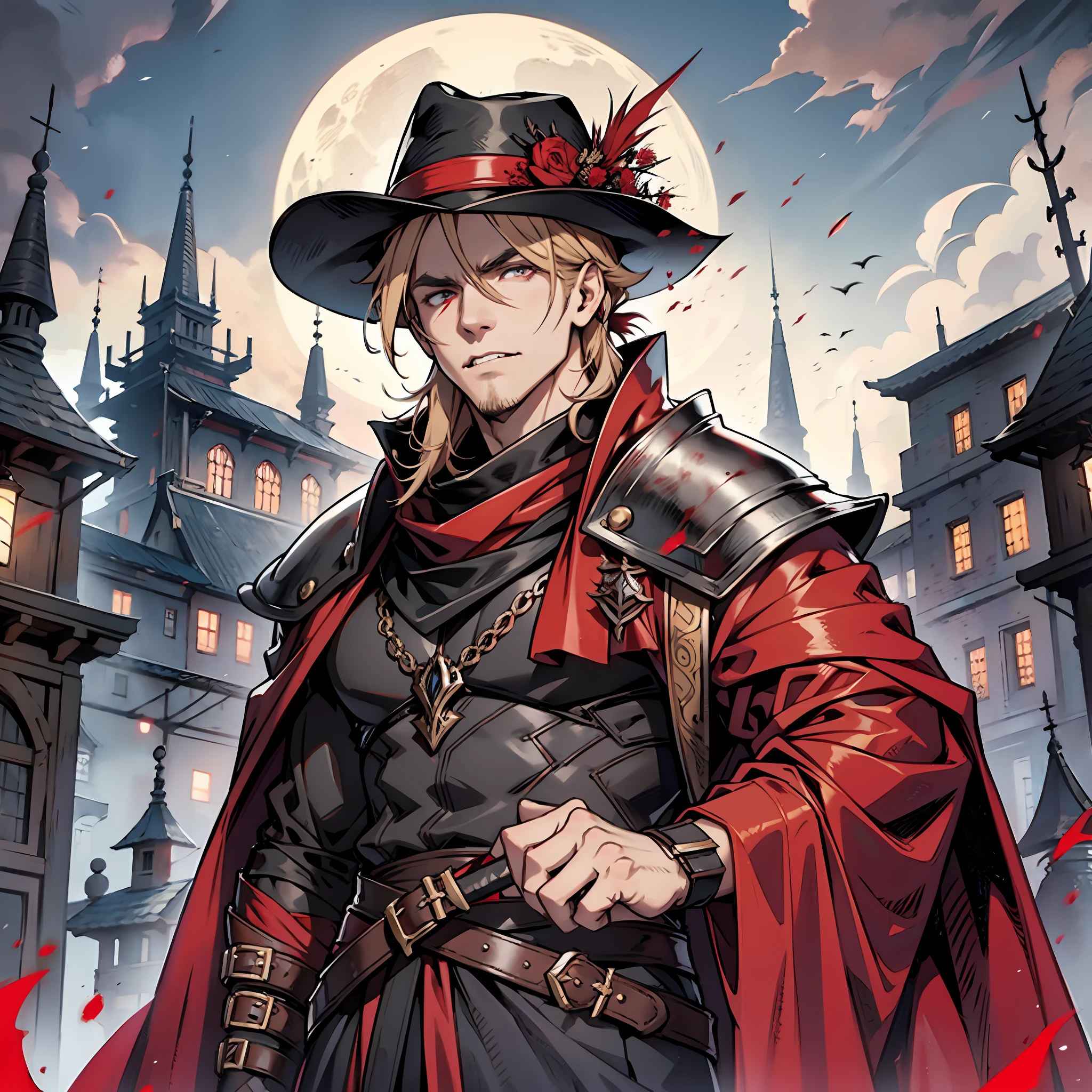 Elegant man, strong physique, scarlet red robe, black colored social pants, black colored social blouse, red boots, messy light blonde hair, evil look, hair up to neck height, dark red colored eyes, noble appearance, holding a spear of blood, ancient village, night, medieval setting, mouth fangs, shadowy creatures nearby,  Red scarf, gorgeous man, black crow hat, black fedora hat.