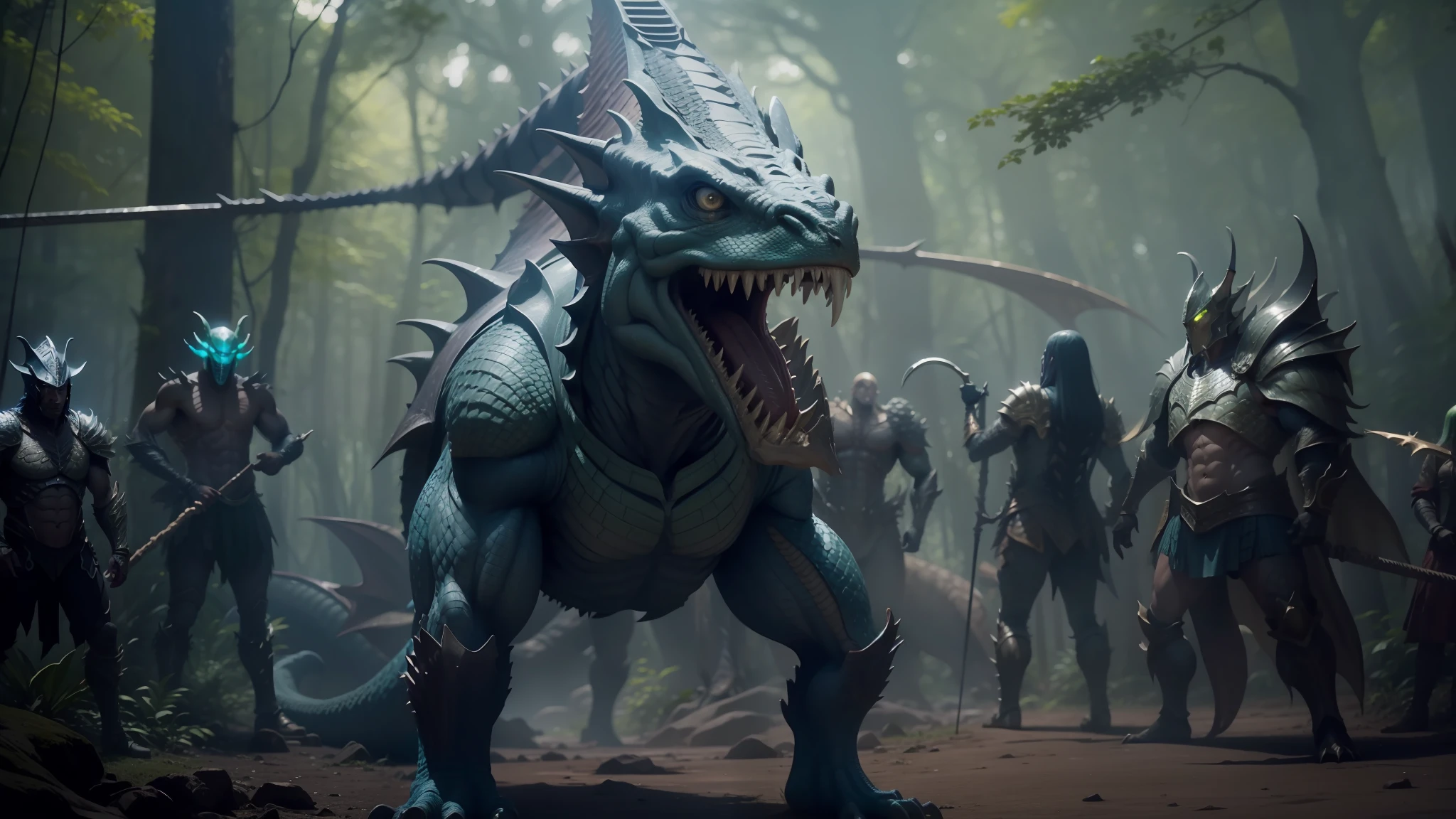 a close up of a group of people in a forest with a dragon, monster hunter the movie, weta digital, alain delon as monster hunter, african argonian! body! in full, as atlantean reptilian warriors, with scaly-looking armor, still from the movie predator, weta workshop concept art, still from a fantasy movie --auto --s2