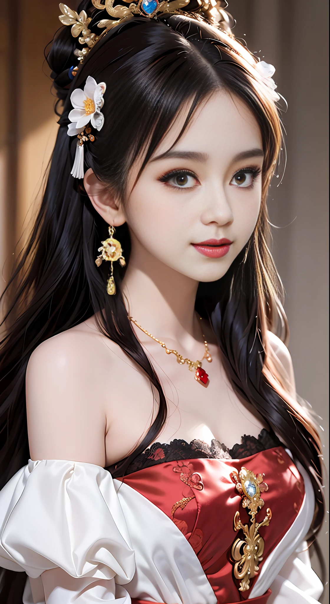 1 young empress wearing a red lace top, a deep-breasted nightgown, a Chinese-style dress, an ancient costume with many phoenix patterns, a spotless pinkish-white face, a crown on her head, and hip-length black hair , very beautiful and sharp brown eyes, small red lips, painted lips, charming smile, jewelry worn around the neck, earrings, white and even teeth, high nose, big round breasts, the girl's body is covered with water on chest, slim legs, thin mesh black socks, portrait, most realistic, highest quality, best pixels, 8k ultra ,