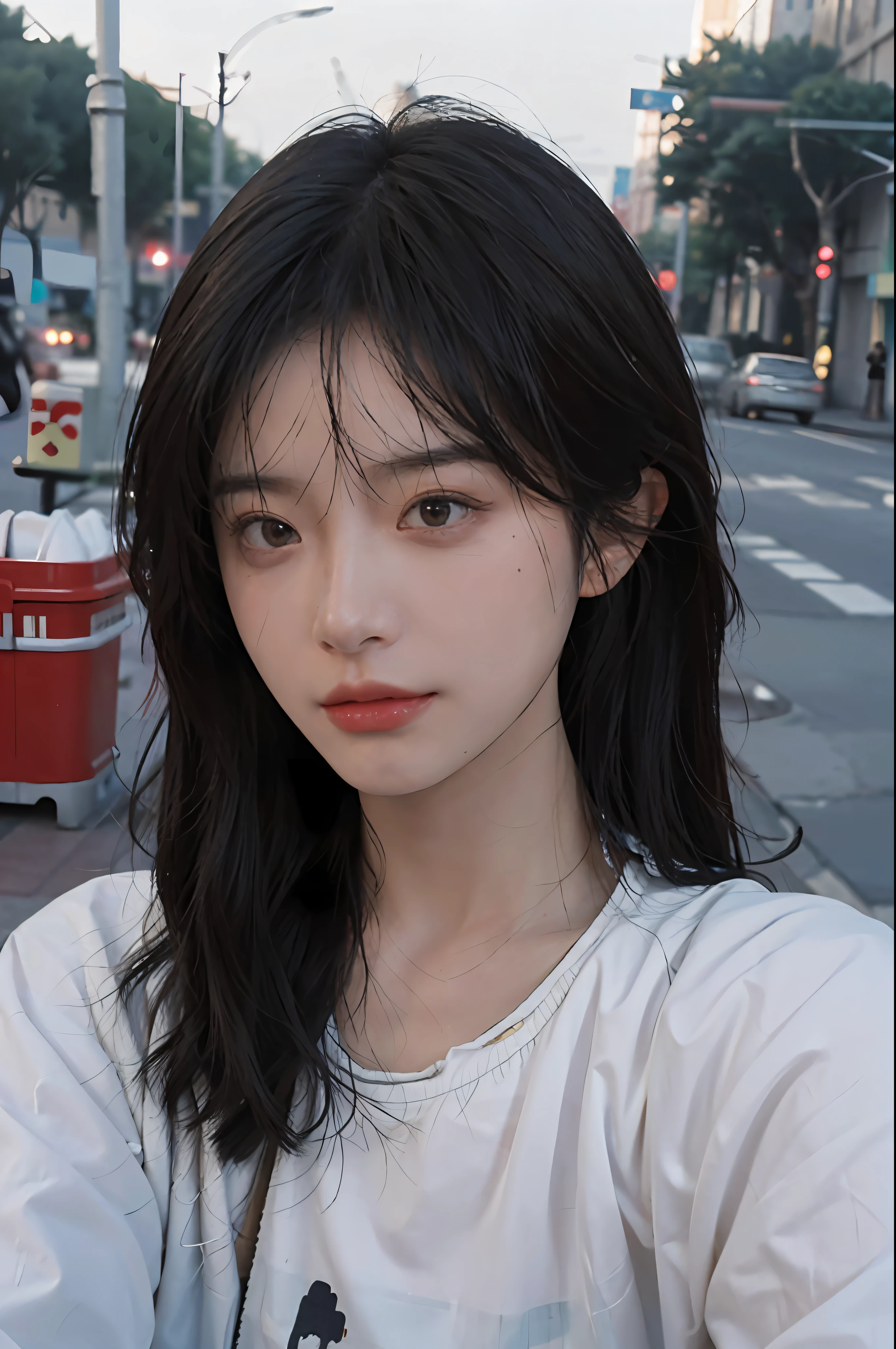 8K, Best Quality, Masterpiece, Ultra High Resolution, (Realism: 1.4), Original Photo, (True Skin Texture: 1.3), (Film Grain: 1.3), (Selfie Angle), 1 Girl, Beautiful Eyes and Face Details, Masterpiece, Best Quality, Close-up, Upper Body