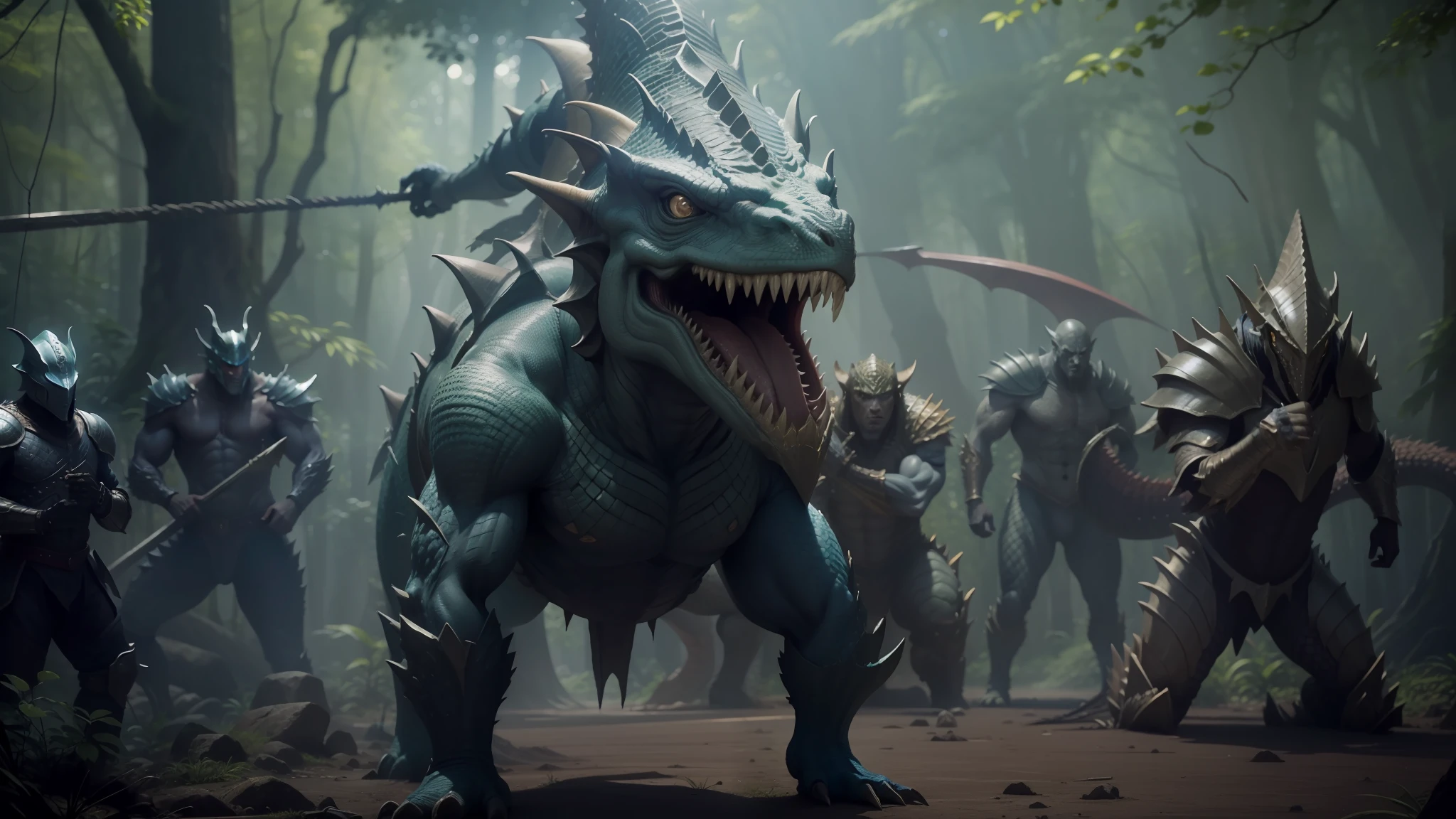 a close up of a group of people in a forest with a dragon, monster hunter the movie, weta digital, alain delon as monster hunter, african argonian! body! in full, as atlantean reptilian warriors, with scaly-looking armor, still from the movie predator, weta workshop concept art, still from a fantasy movie --auto --s2