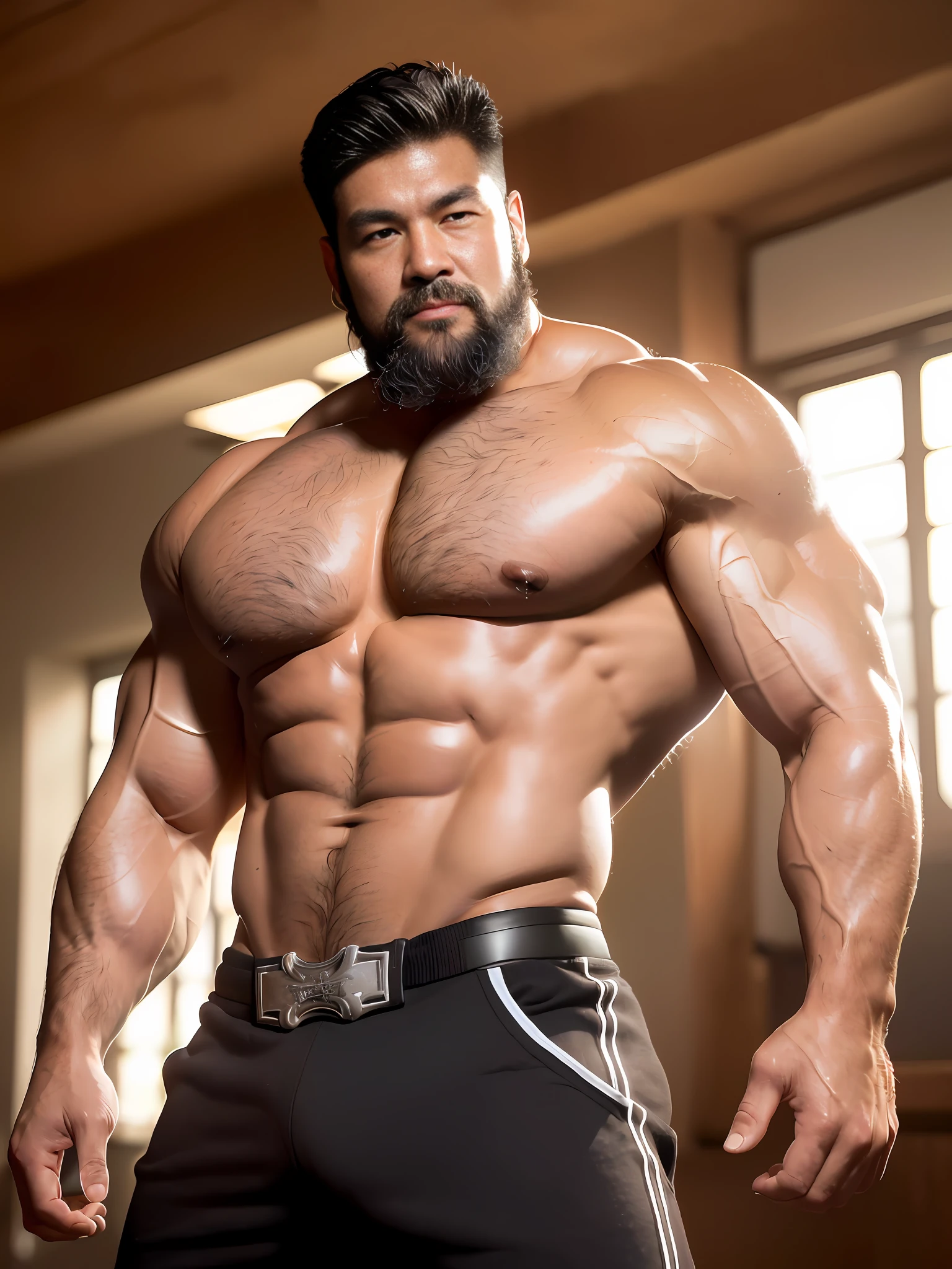(best quality), detailed, close-up photo of Li Dae-ein, (muscular), (huge muscle), ultra-muscular, (surrealism), muscular muscular male warrior, black hair, black shorts, big pectoral muscles, show abs, huge biceps, torn abs, tall body, fair skin, ( (wonderful pose), ((curved body)), ((low key lighting)), (beard: 1.3), thick beard