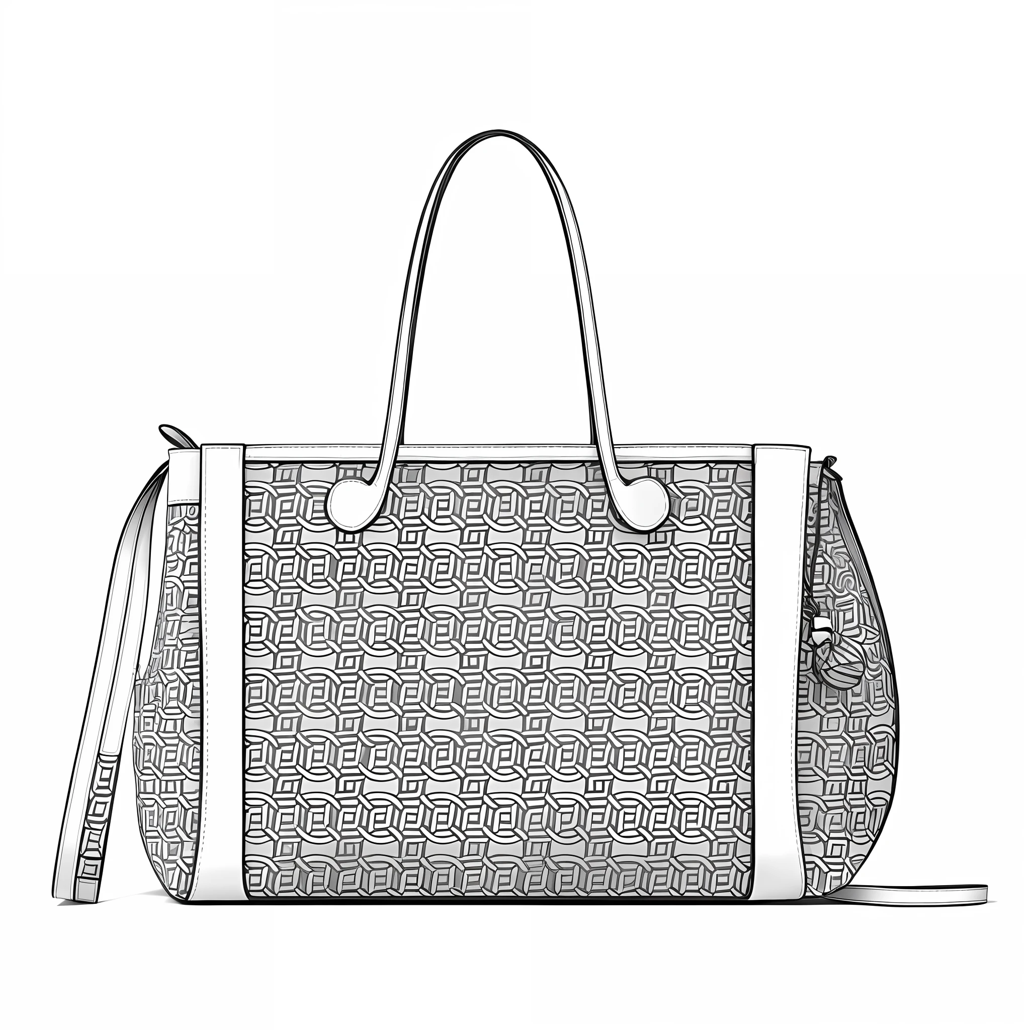 Drawing of white bag with pattern, icon pattern, bag, handbag, made with illustrator, fluid bag, line art - N 9, bag, design on white background, clear 8K line art, white background, line sketch, 4D, vegetable tanned leather tote strap, light gray bag body, lines dark gray,