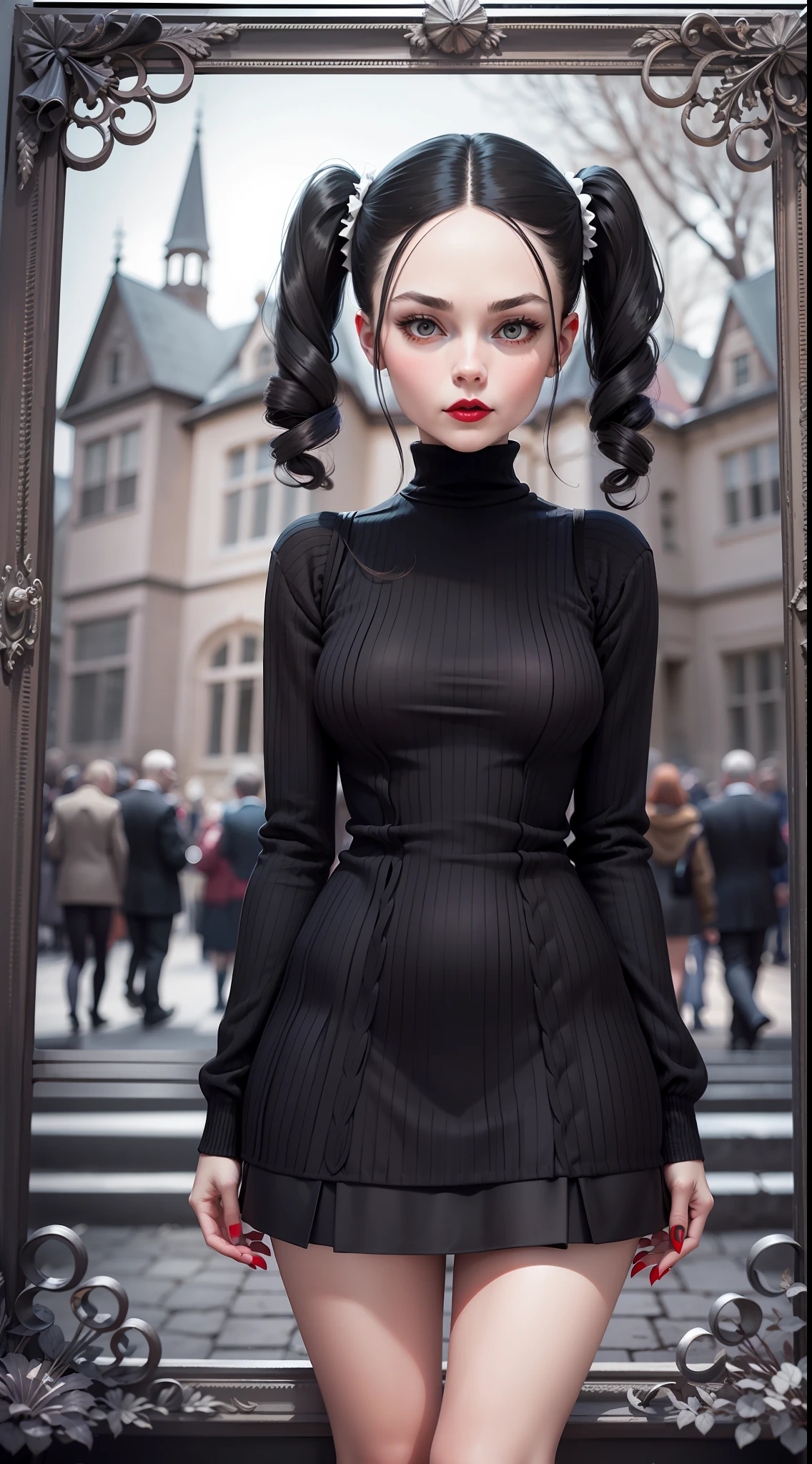 Adult 30 years old Wednesday Addams, full-length, long knee-length sweater, black and white clothes, striped knee socks, two pigtails, bright red lipstick on her lips, gothic mansion