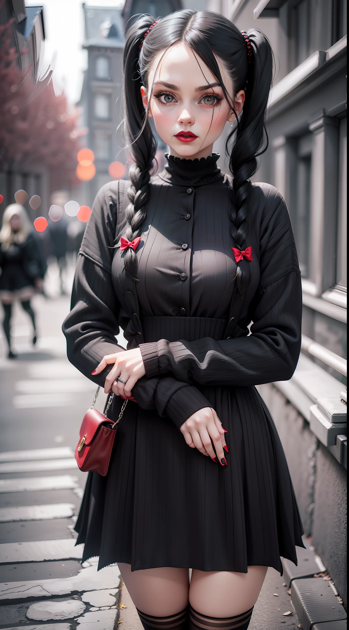 Adult 30 years old Wednesday Addams, full-length, long knee-length sweater, black and white clothes, striped knee socks, two pigtails, bright red lipstick on her lips, gothic mansion