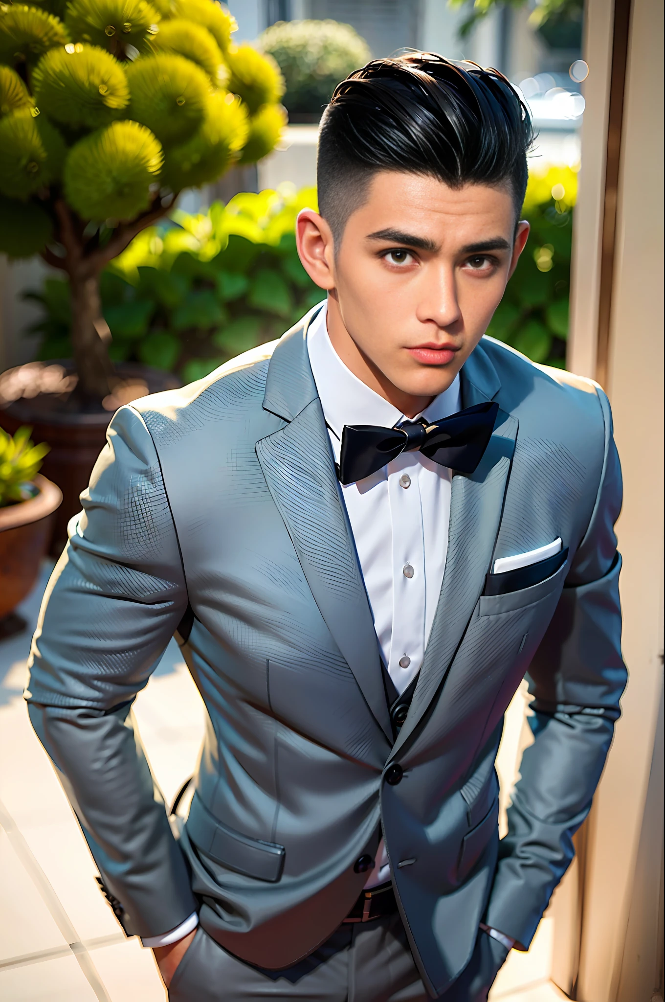 1boy, Indonesian male, (male:1.5), grey eyes, slanty eyes, (very short hair:1.3), under_cut, Pompadour, ((formal)), ((suit)), (((handsome, sharp, savage facial features,))), (stout muscular body), (stout physique), one person

SFW, outdoors, detailed background, Modern metropolis,