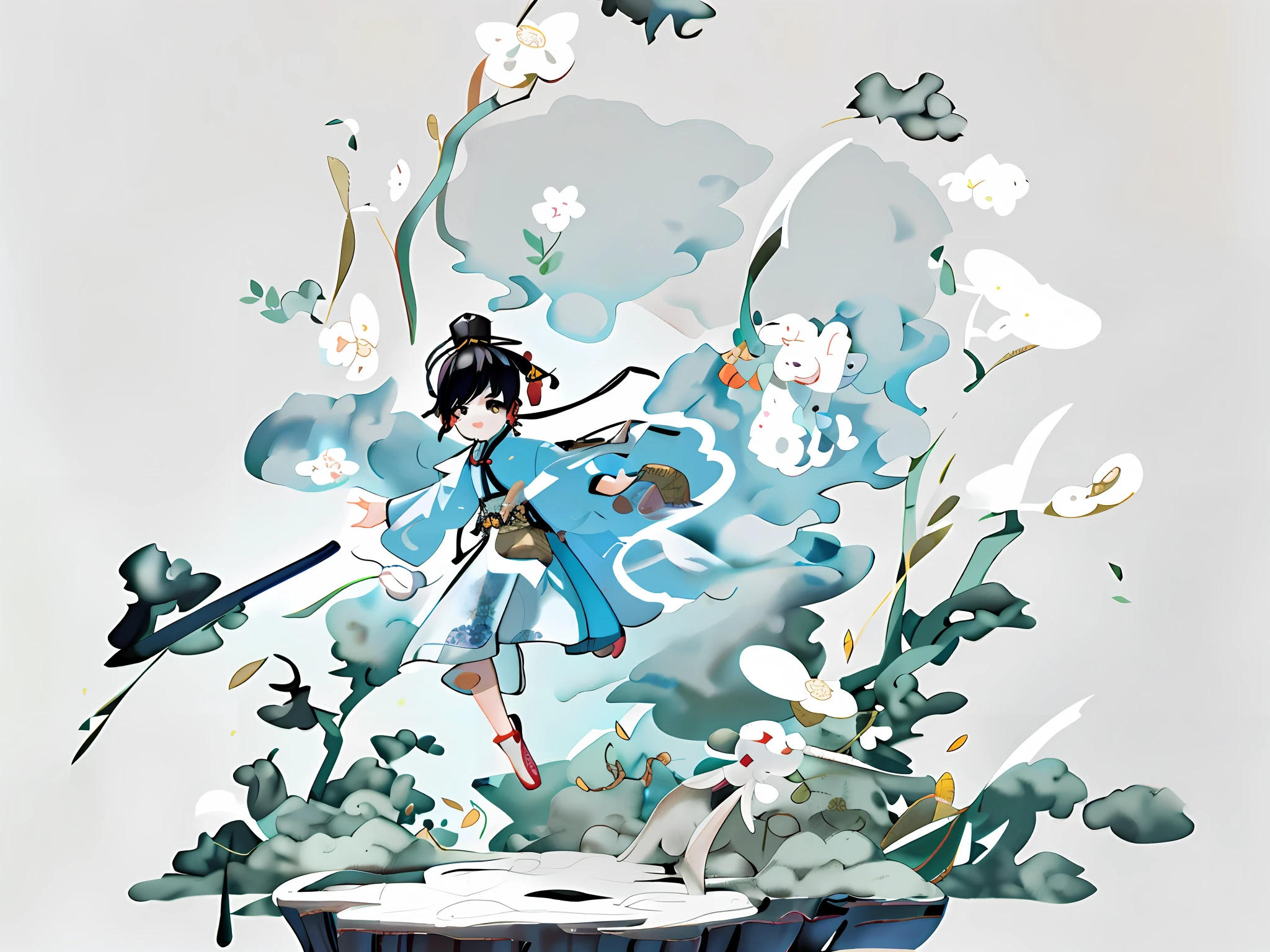 Tradition Chinese Ink Painting style of This involves creating a cute chibi-style ,super mystery box-themed, Disney-style illustration of a little boy. The boy is dressed in traditional Chinese swordsman attire. The illustration would include a full-body shot of the boy, showing a variety of poses and expressions to showcase different emotions. Here are some potential poses,clear facial features,Visual Novel,high detail,hyper quality,high resolution,16K,Unreal engine,dramatic lighting --iw 1.8