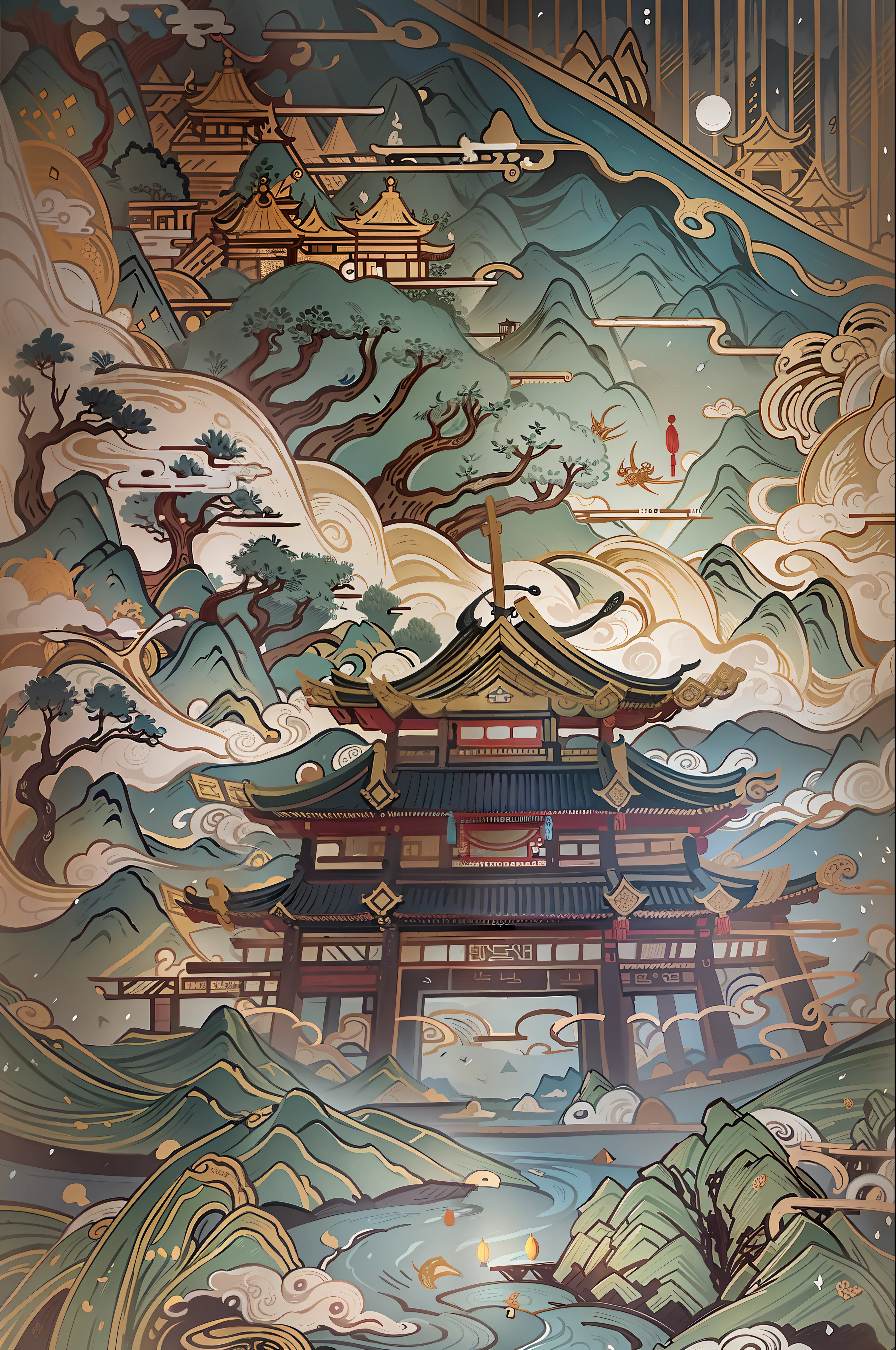 An ancient Chinese painting, ancient Chinese background, mountains, rivers, auspicious clouds, pavilions, sunshine, masterpieces, super detail, epic composition, ultra HD, high quality, extremely detailed, official art, unified 8k wallpaper, Super detail, 32k -- v 6