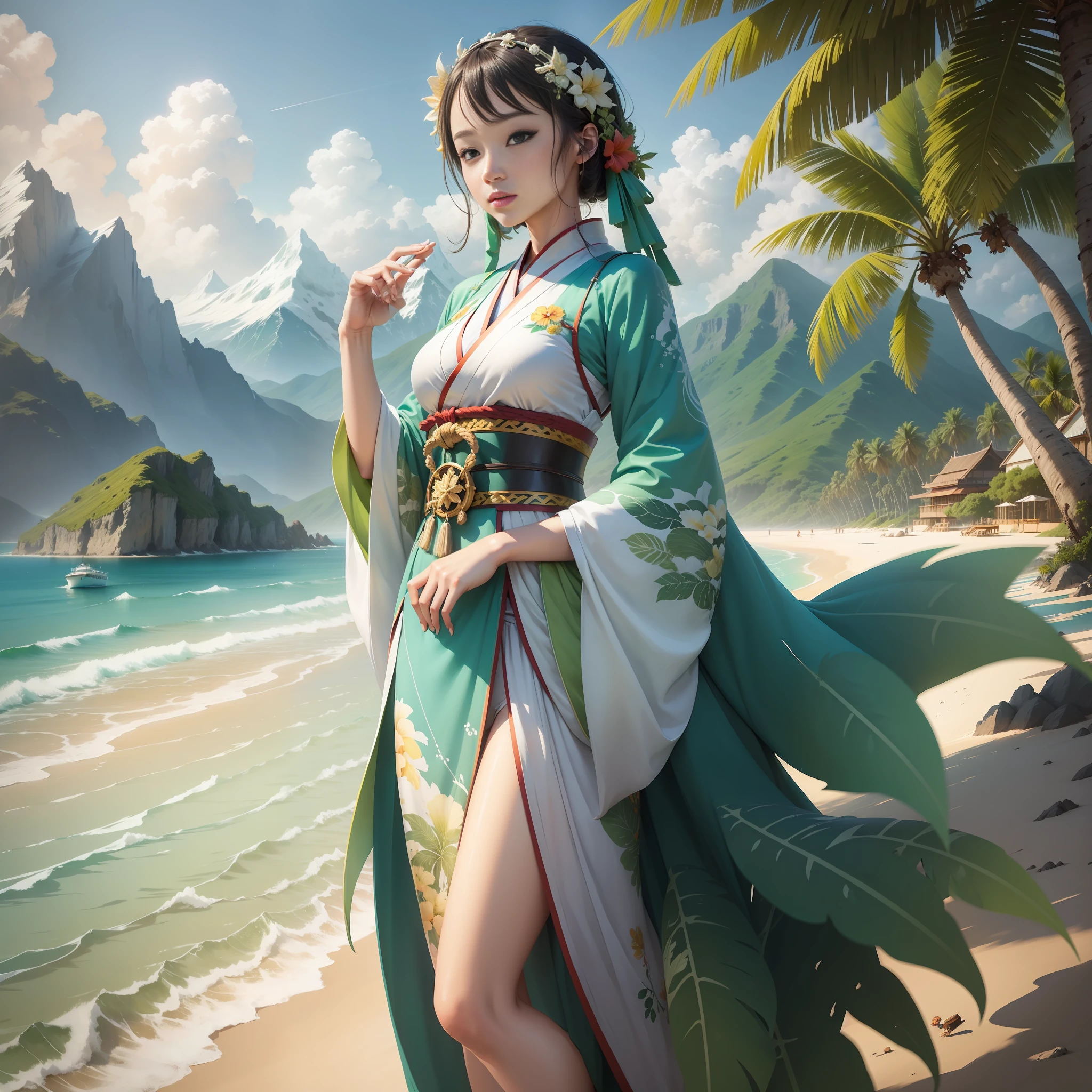 Tropical island, sea, sky civil aviation plane, sunny beach, snow mountains in the distance, light green Hanfu woman, graphic design, UI, illustration style