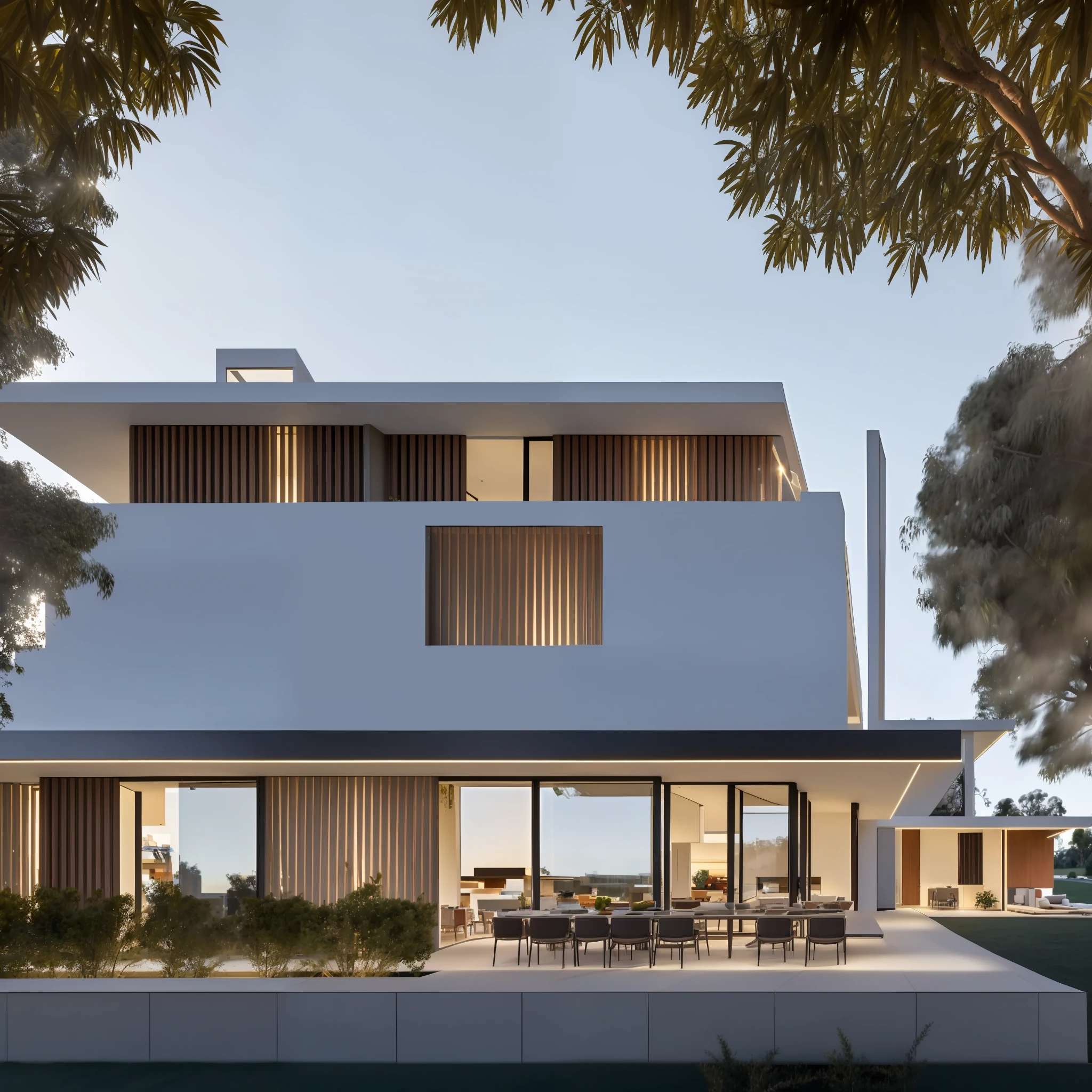 GDMEXT luxury modern residence, by the river, there are blank clouds, sunset with light and shadow, a family of three, by the river, there is a tree