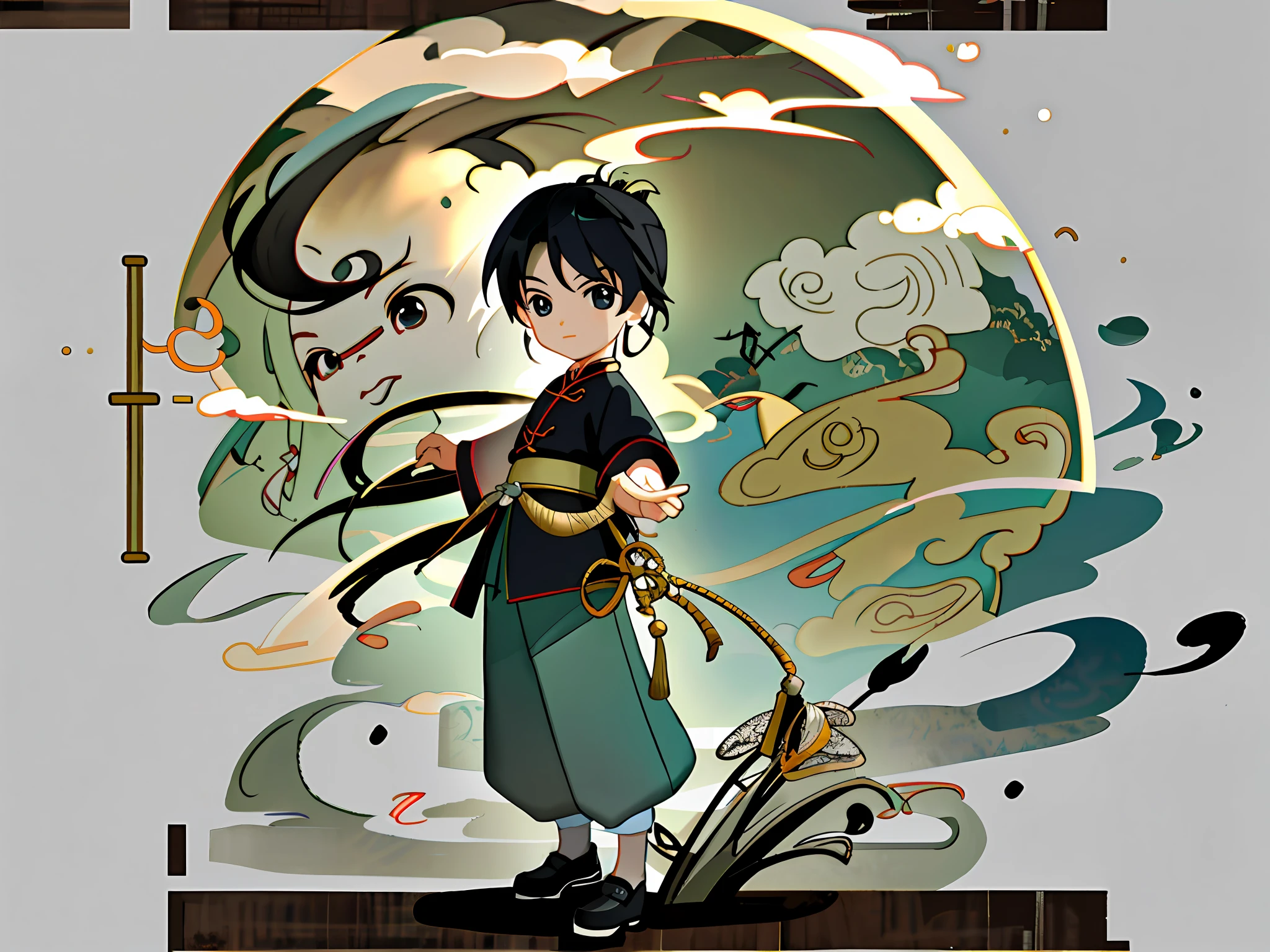 Tradition Chinese Ink Painting style of This involves creating a cute chibi-style ,super mystery box-themed, Disney-style illustration of a little boy. The boy is dressed in traditional Chinese swordsman attire. The illustration would include a full-body shot of the boy, showing a variety of poses and expressions to showcase different emotions. Here are some potential poses,clear facial features,Visual Novel,high detail,hyper quality,high resolution,16K,Unreal engine,dramatic lighting --iw 1.8