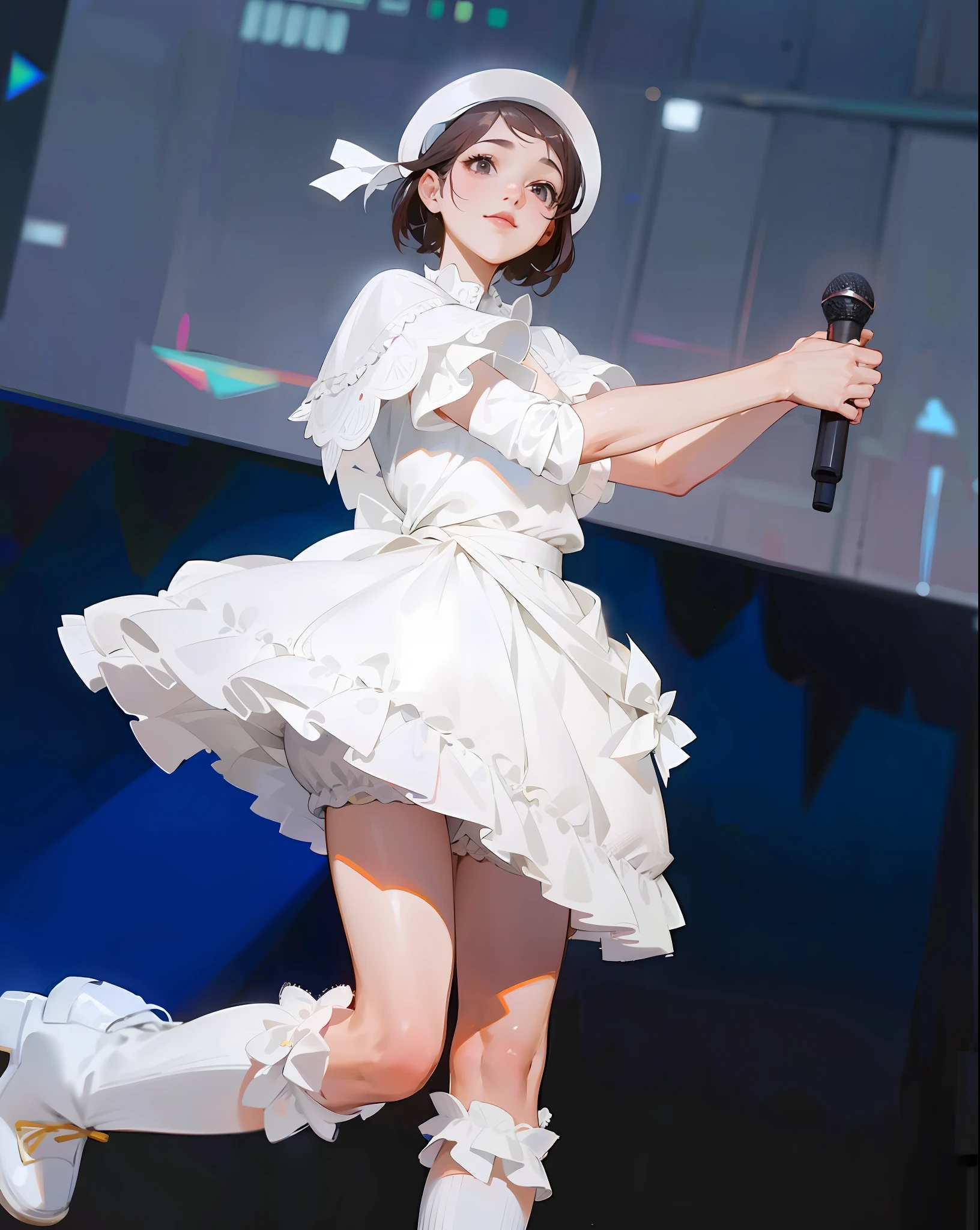 Woman in a white dress and hat holding a microphone, wearing a cute core, ruffles, lorish, white dress,