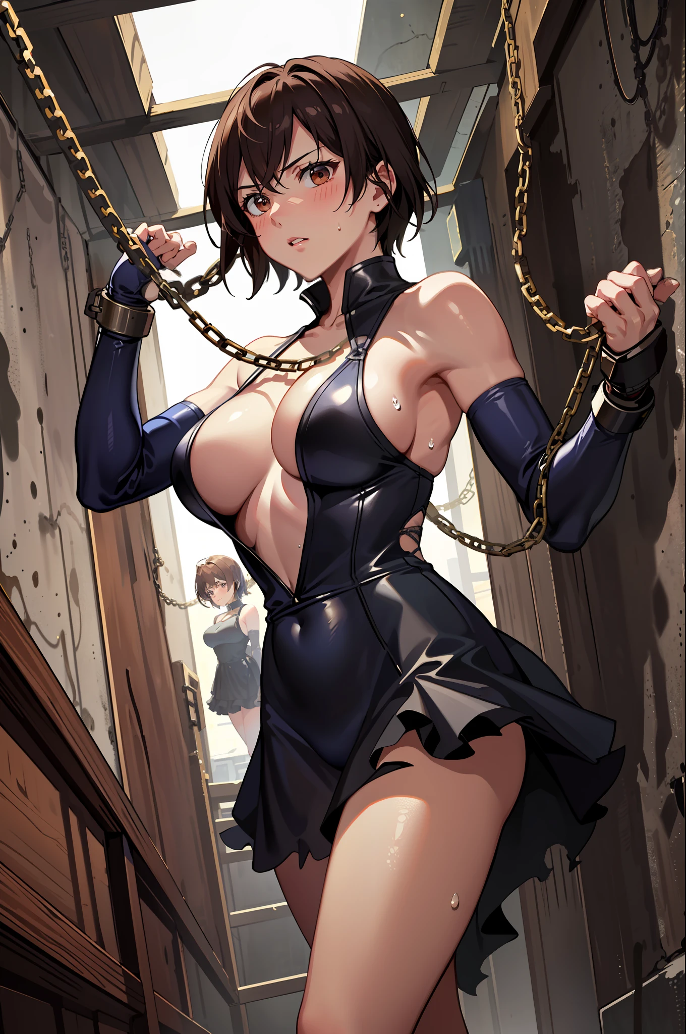 (masterpiece, premium quality: 1.2), alone, strong, 1 girl (Asuka Kazama), with short brown hair, brown eyes, cruel costume, anxious face, looking at the camera, in a dark basement, cobblestones with an eerie cold atmosphere, big, (((wearing a torn sheer costume))), sexy, wh shiny big breastsage, copious swea body, blush, chest hollows, Tied behind the back with a rope, open legs, legs open, hung with chains, big, hands chained straight up, hoisted by chains, shackles, shackles,