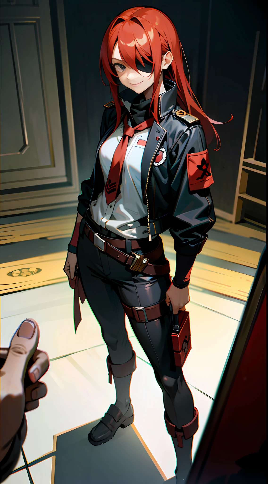 Red haired girl, crimson eyes, ((eyepatch)), wearing a resistance attire, standing in front of burning house, looking at the viewer with intense look and smirking, his body and face cpver with blood and mud, after war, torn clothes, by akihiko yoshida + krenz cushart, light novel cover illustration, character introduction artwork, trending on art station, ((masterpiece quality)), ((masterpiece artwork)), (((absurdres, highres, ultra detailed)))