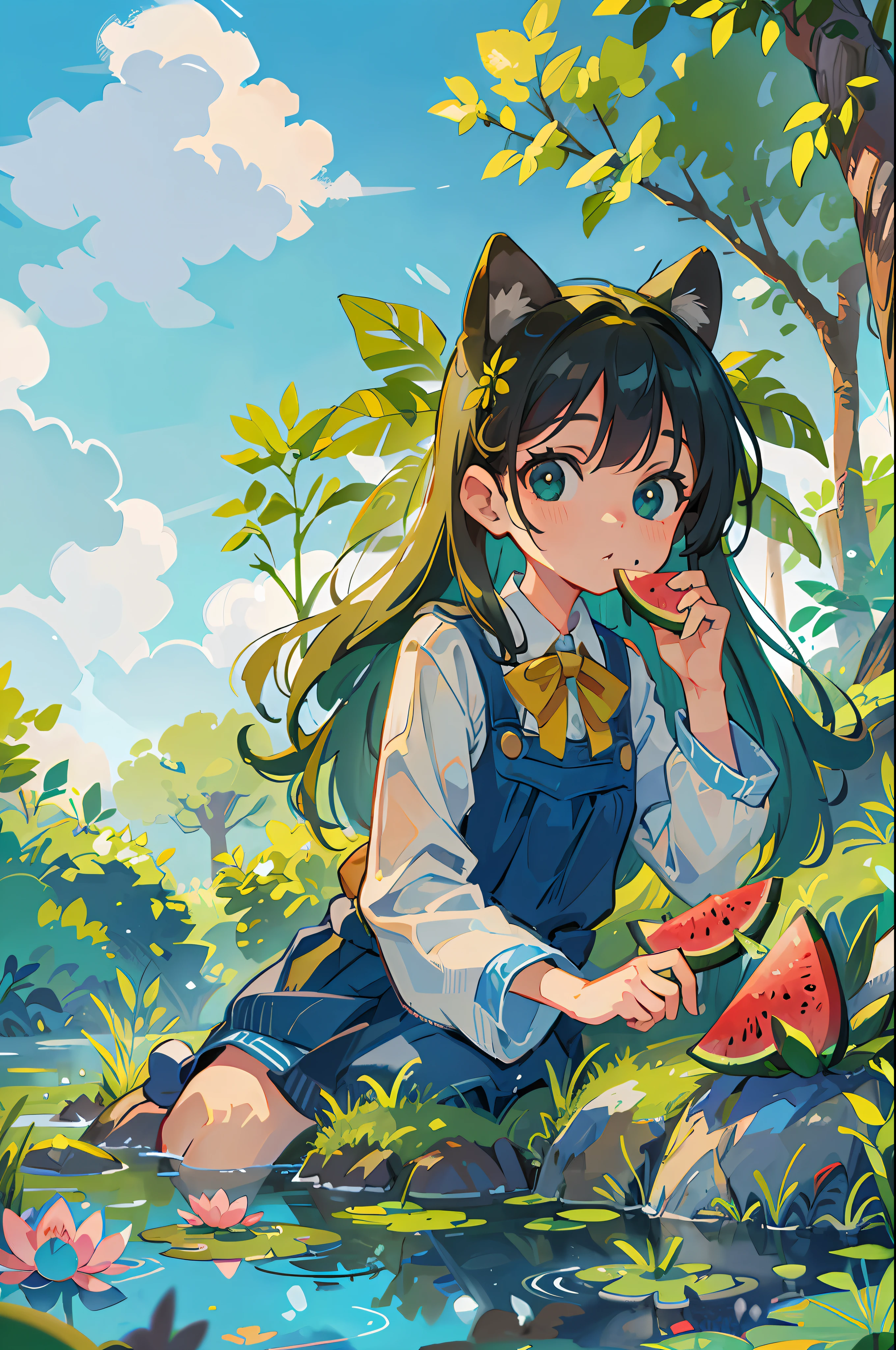 Best quality, masterpiece, super high resolution, realism, 1girl and 1cat eating watermelon, original photo feeling, blue sky, white clouds, green trees, pond, lotus.