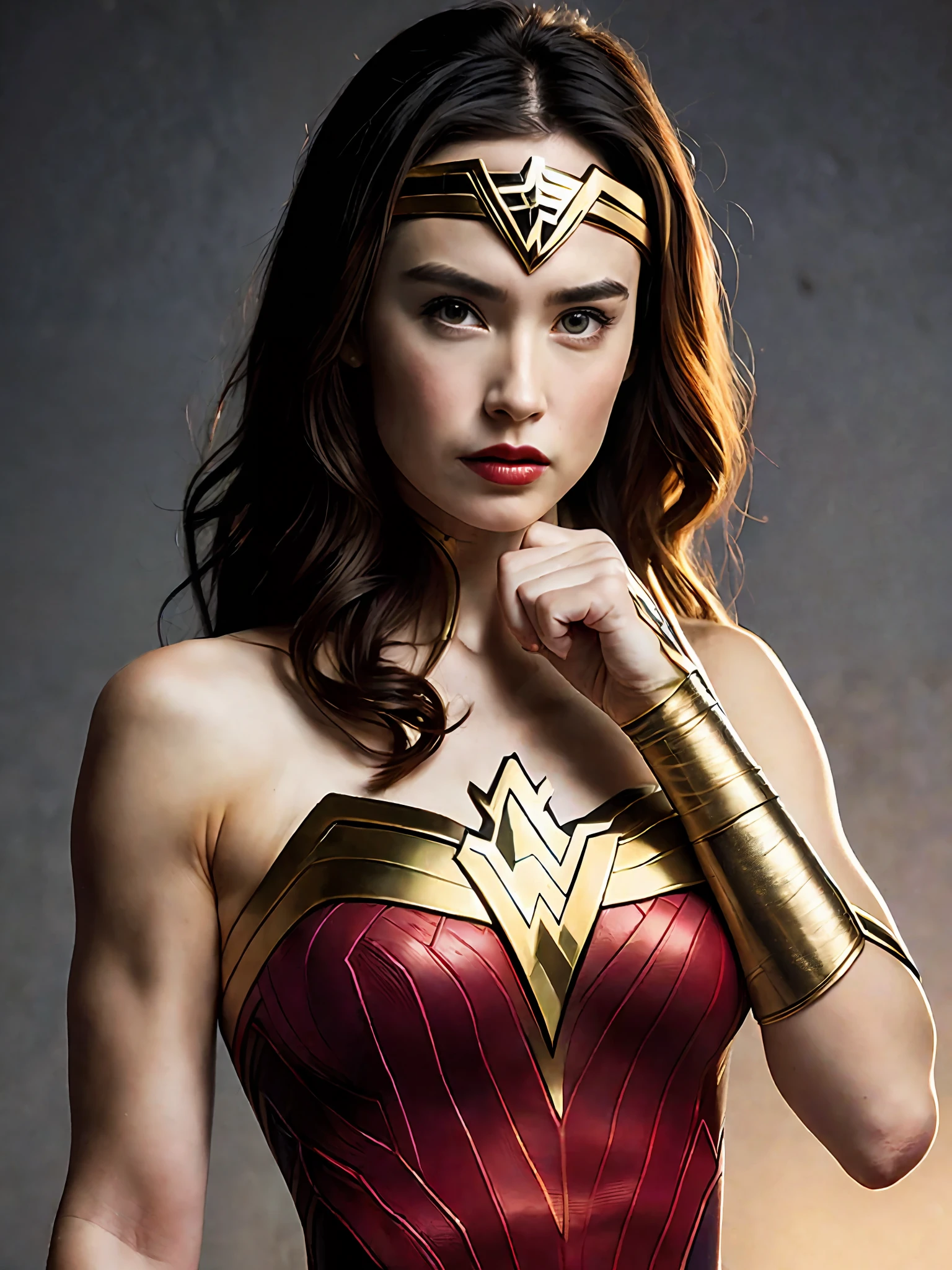 (8k, RAW photo, best quality, masterpiece: 1.2), ultra-detailed, formal art, photorealism: 1.37, upper body photo, DC Wonder Woman, film grain, action pose